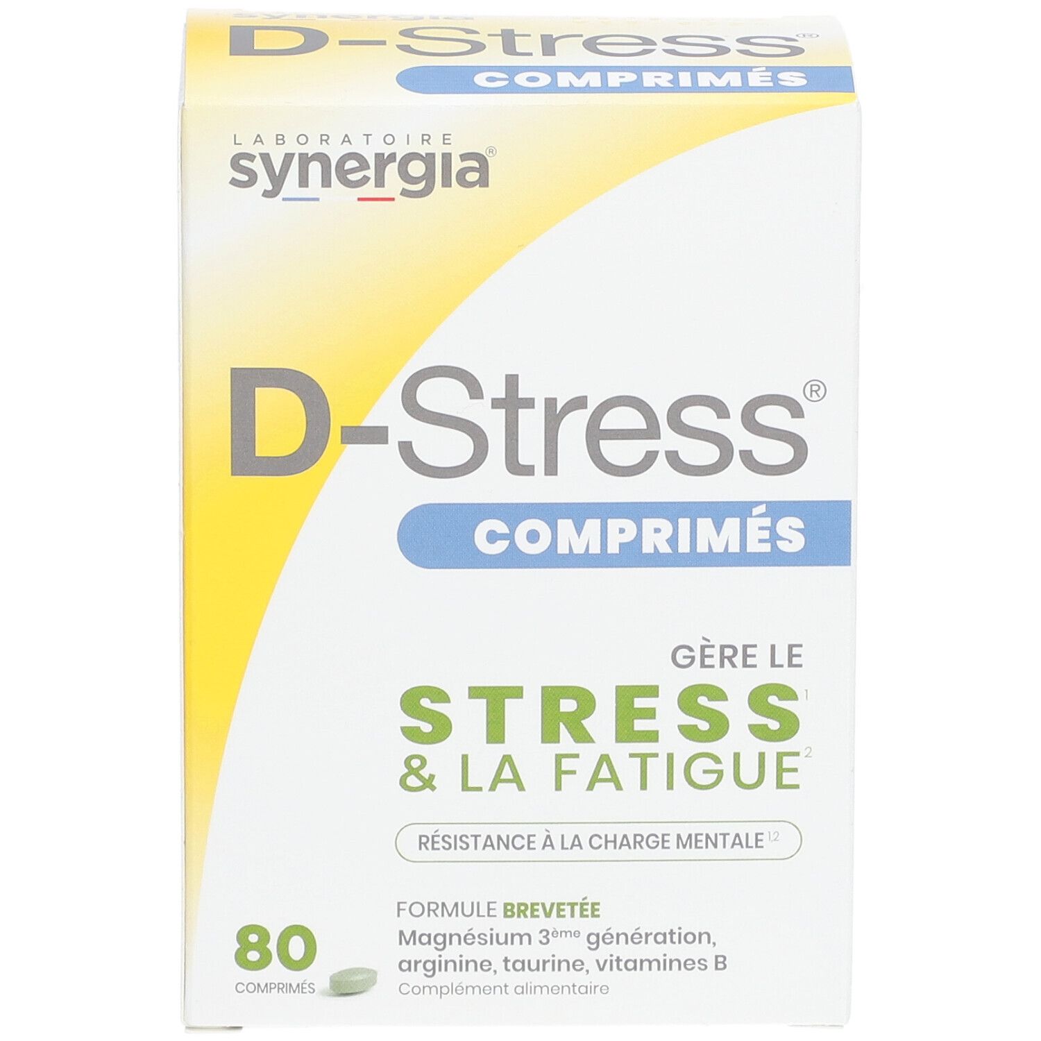 Boîte de comprimés D-Stress. Inscription: D-Stress, 80 comprimés, Stress & Fatigue. Marque Synergia.