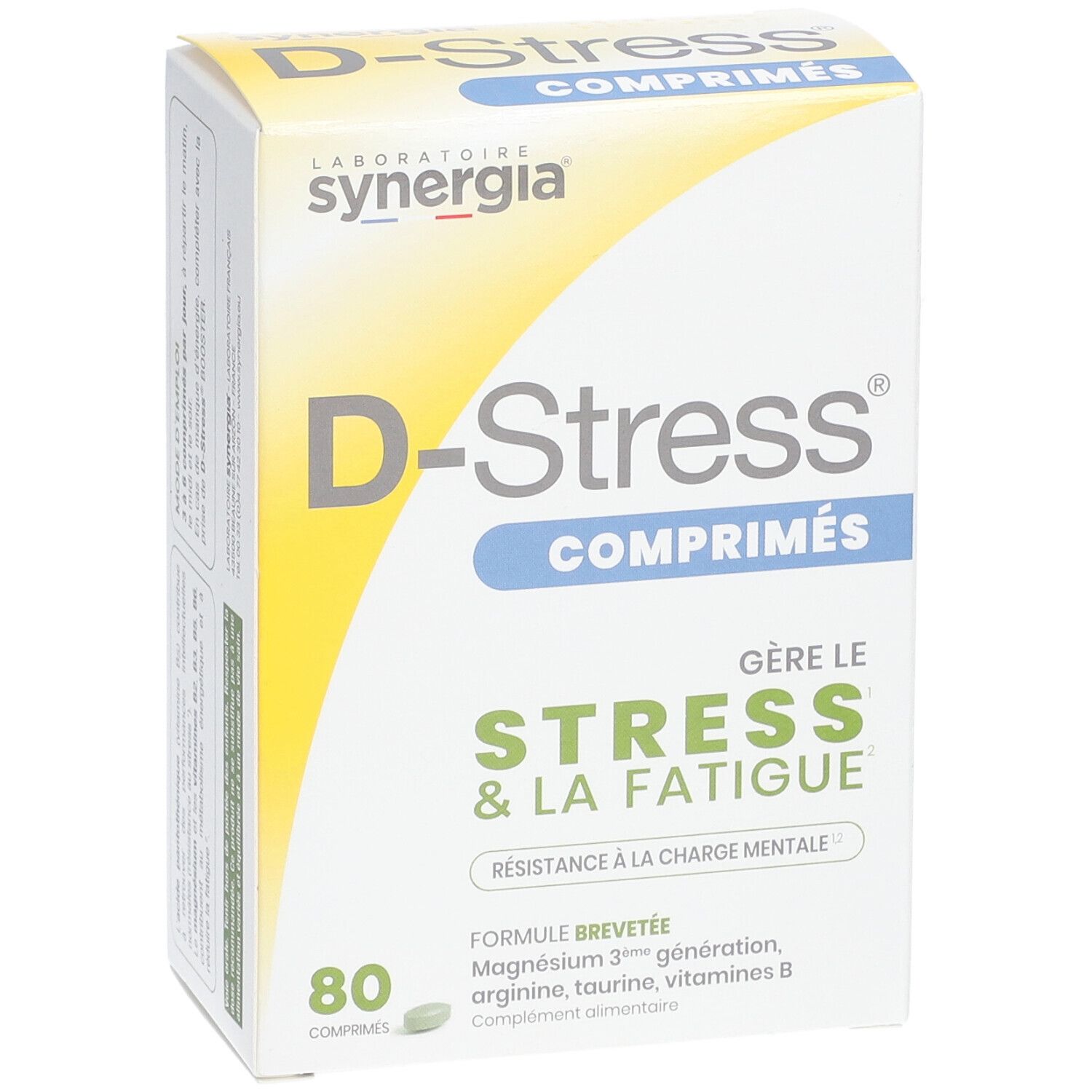 Boîte de comprimés D-Stress. Inscription: D-Stress, 80 comprimés, Stress & Fatigue. Marque Synergia.