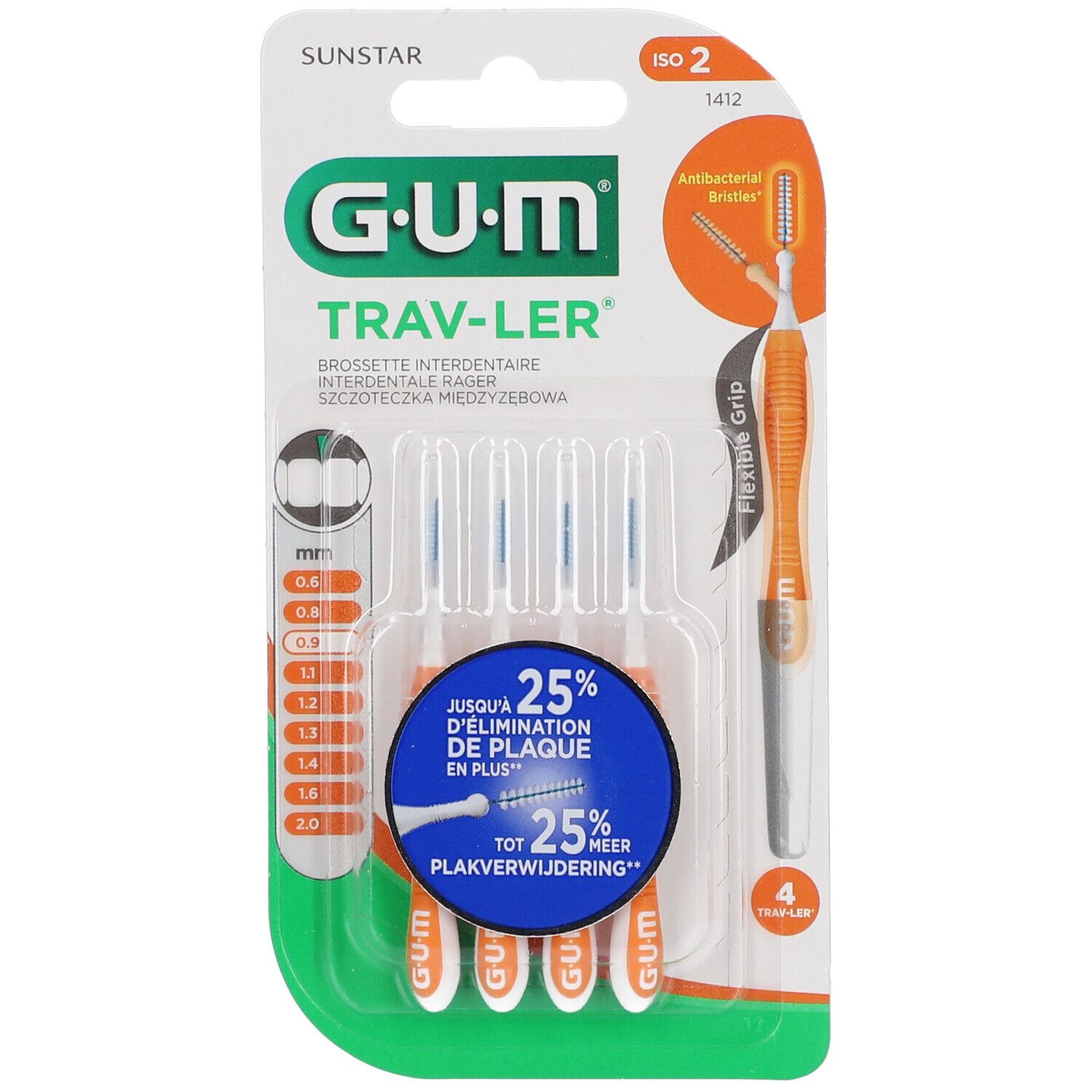 Blister de brossettes interdentaires G.U.M. Trav-ler 0,9 mm. 4 pièces.  Soies antibactériennes. Manche flexible. ISO 2.