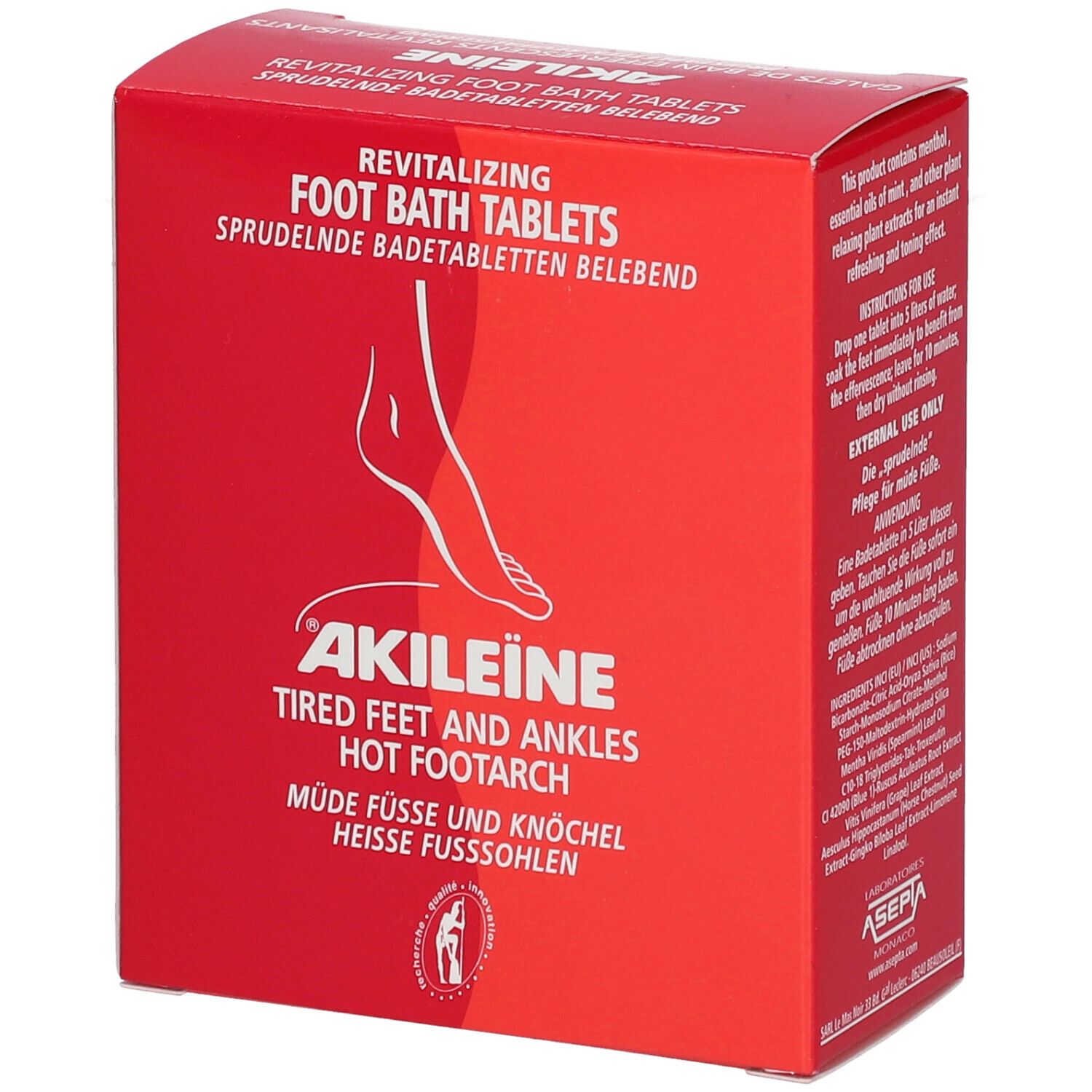 Rote Akileine®-Verpackung. Aufschrift: Revitalisierende Fußbadetabletten, müde Füße und Knöchel, heiße Fußsohlen. Akileine-Logo. Fuß-Illustration.
