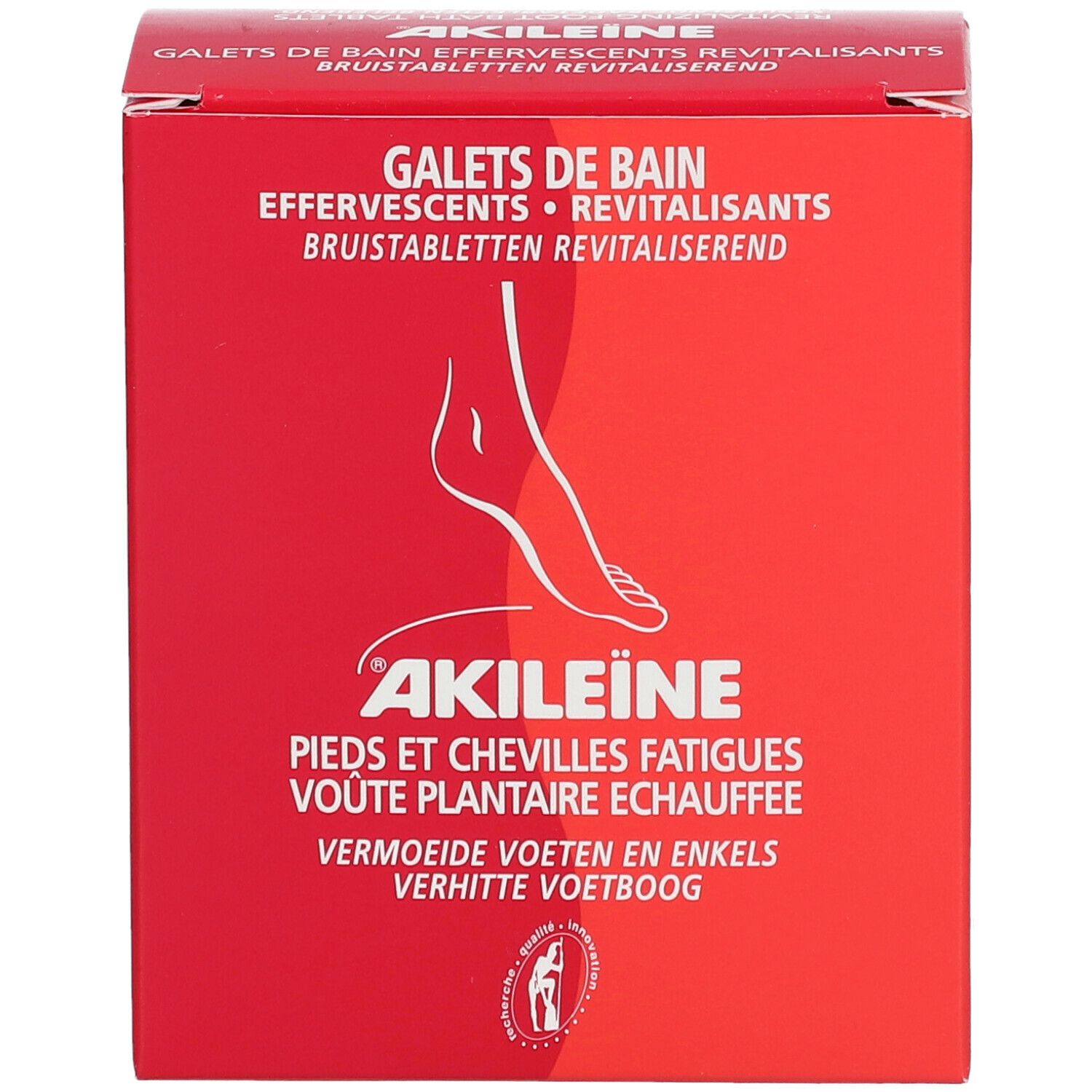 Rote Akileine®-Verpackung. Aufschrift: Galets de Bain, Füße und Knöchel, Fußgewölbe, Akileine-Logo. Fuß-Illustration.