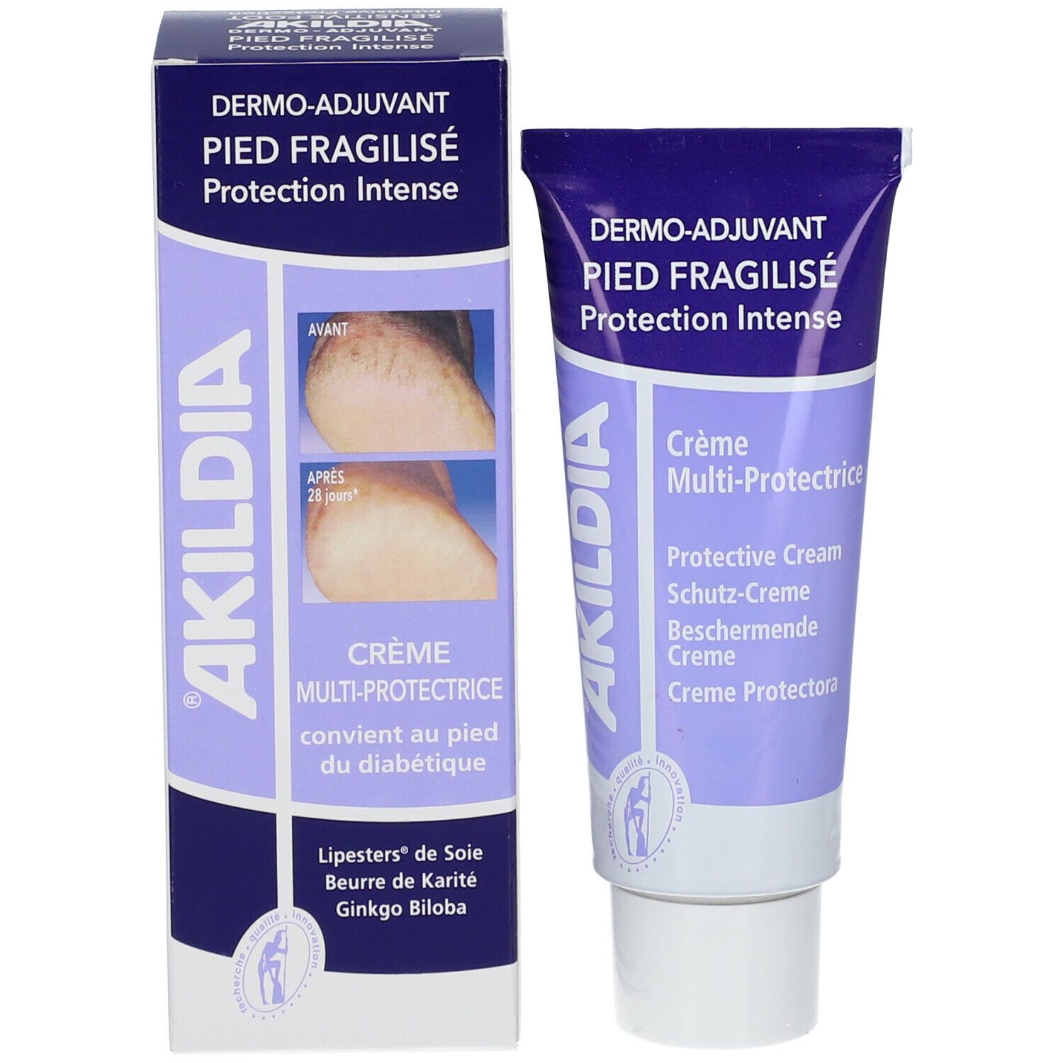 Boîte et tube de crème pour pieds diabétiques. Inscription: Akildia, Crème Multi-Protectrice.