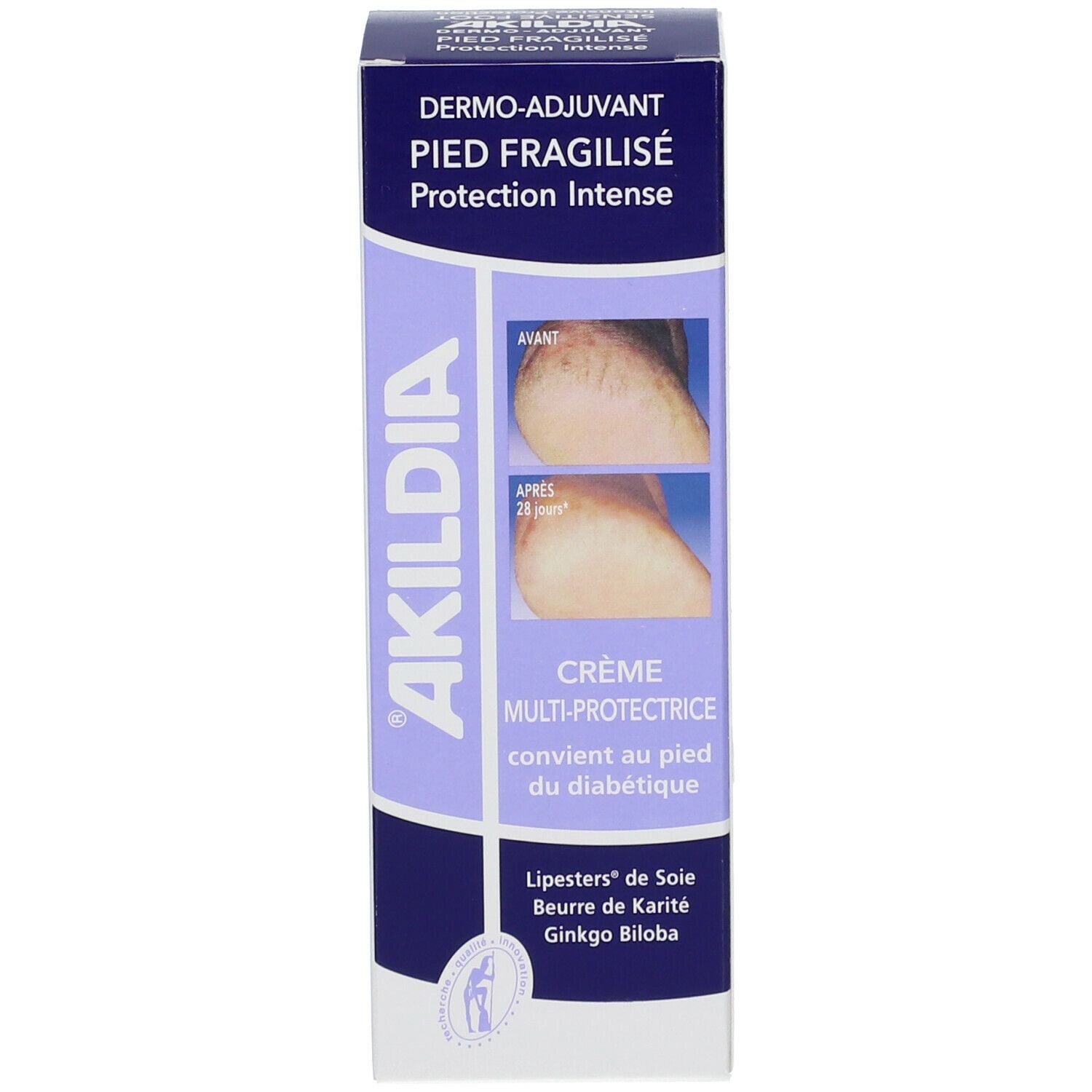 Boîte de crème pour pieds diabétiques. Inscription: Akildia, Crème Multi-Protectrice, image avant/après.