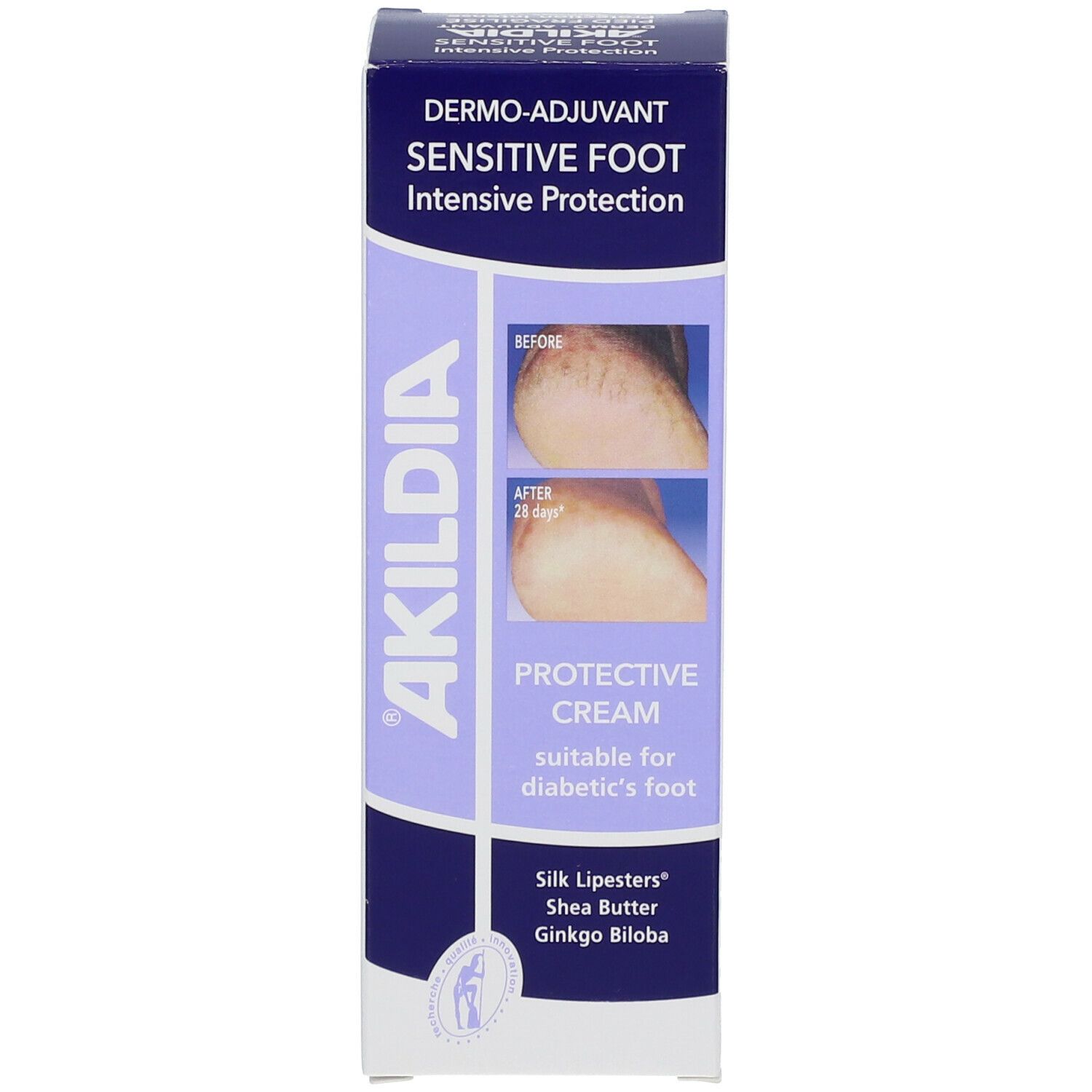 Boîte de crème pour pieds sensibles. Inscription: Akildia, Protective Cream, image avant/après.