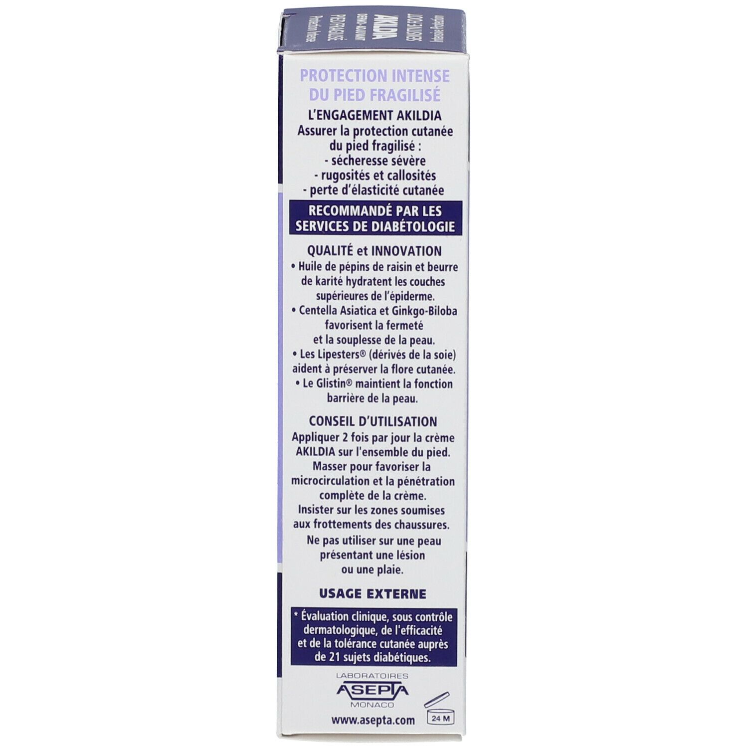 Boîte de crème. Texte: Protection intense des pieds fragiles, mode d'emploi, ingrédients.