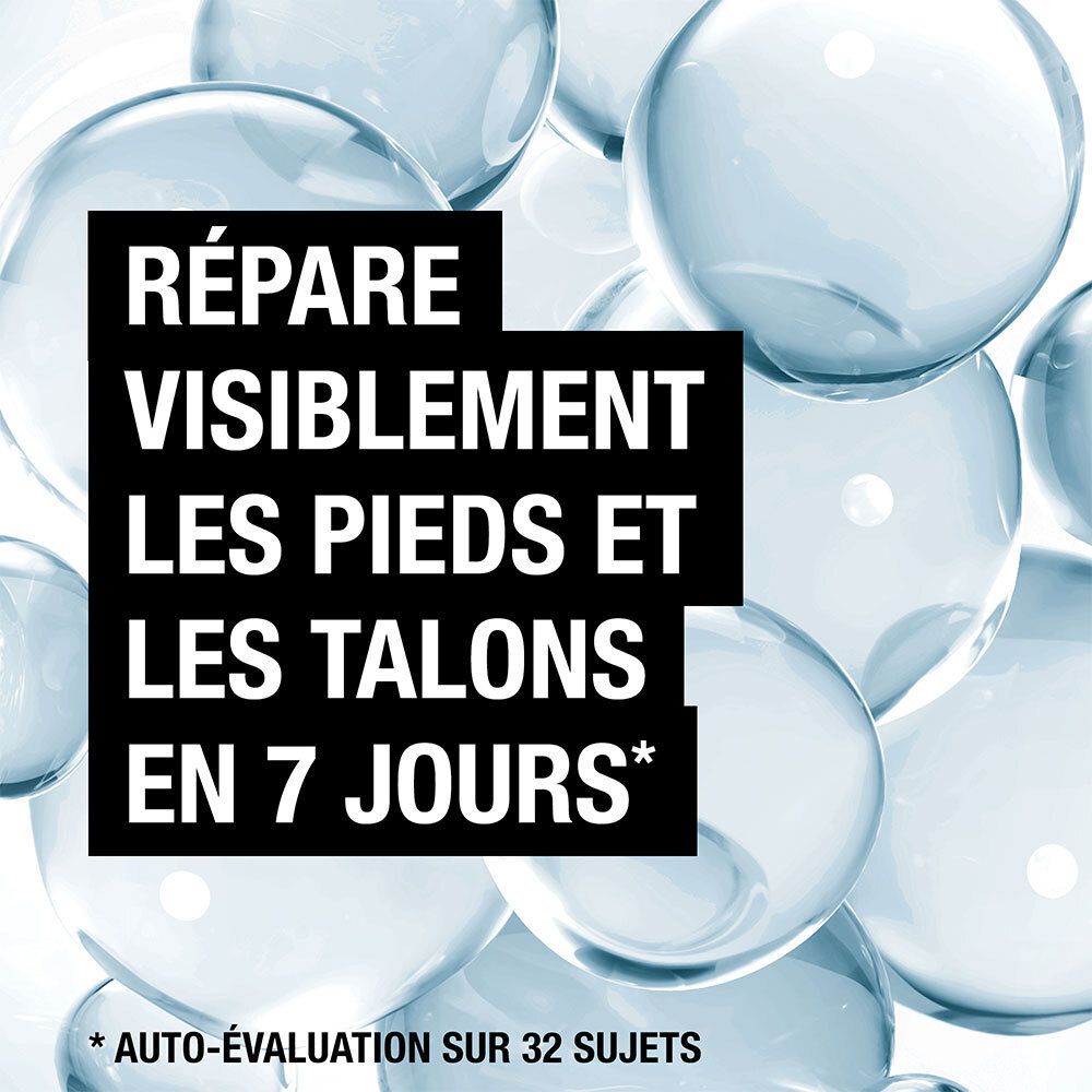 Texte sur fond de bulles d'eau : Répare visiblement les pieds et les talons en 7 jours*. *Auto-évaluation sur 32 sujets.