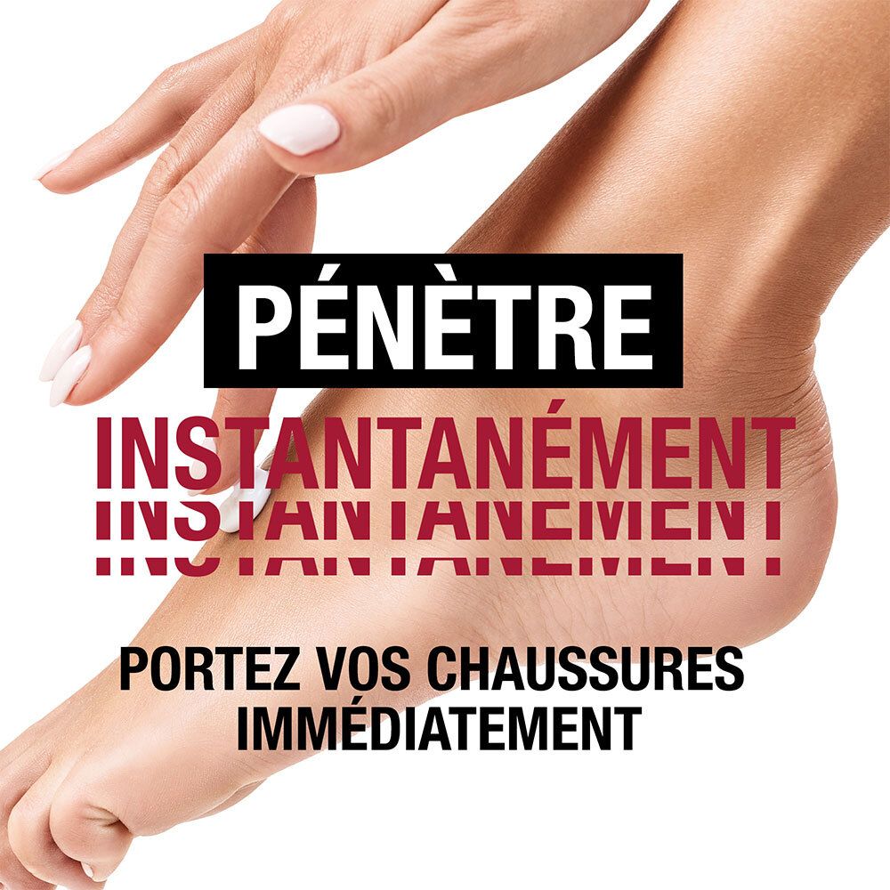Pied avec crème. Texte : Pénètre instantanément. Portez vos chaussures immédiatement.
