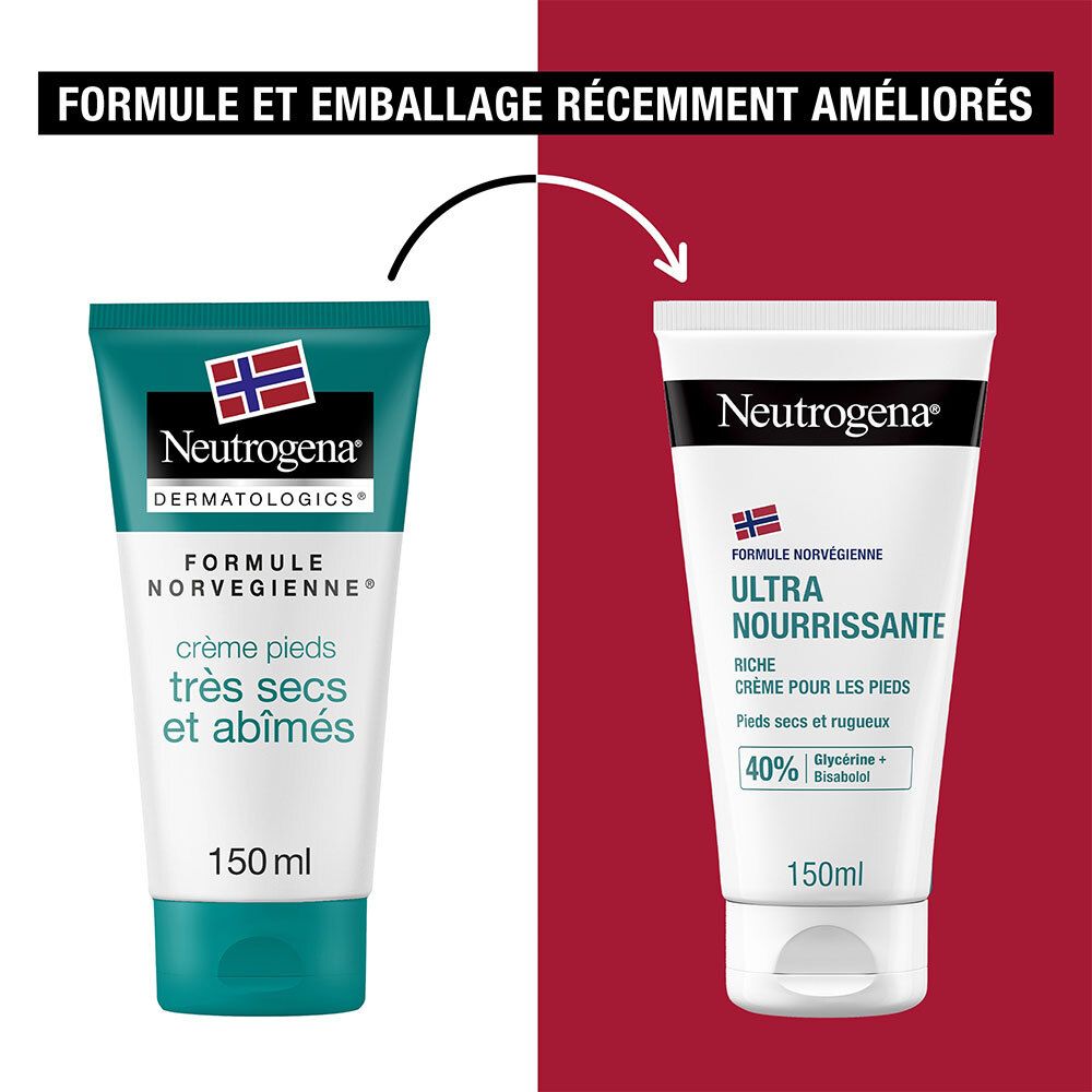 Comparaison de deux tubes. Gauche : ancien design. Droite : nouveau design. Texte : Formule et emballage récemment améliorés.