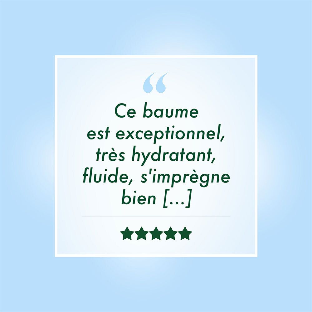 Citation textuelle avec 5 étoiles. Texte : Ce baume est exceptionnel, très hydratant, fluide, s'imprègne bien [...]