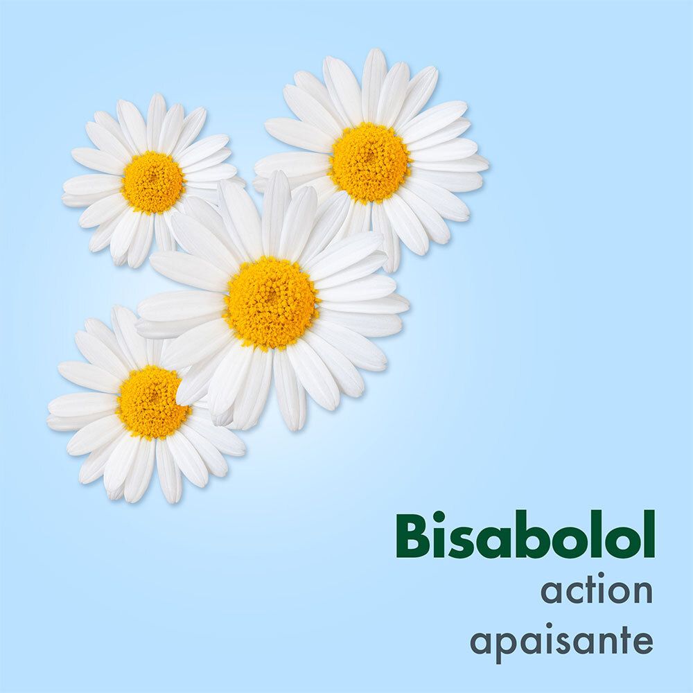 Fond bleu avec marguerites. Texte: Bisabolol, action apaisante.