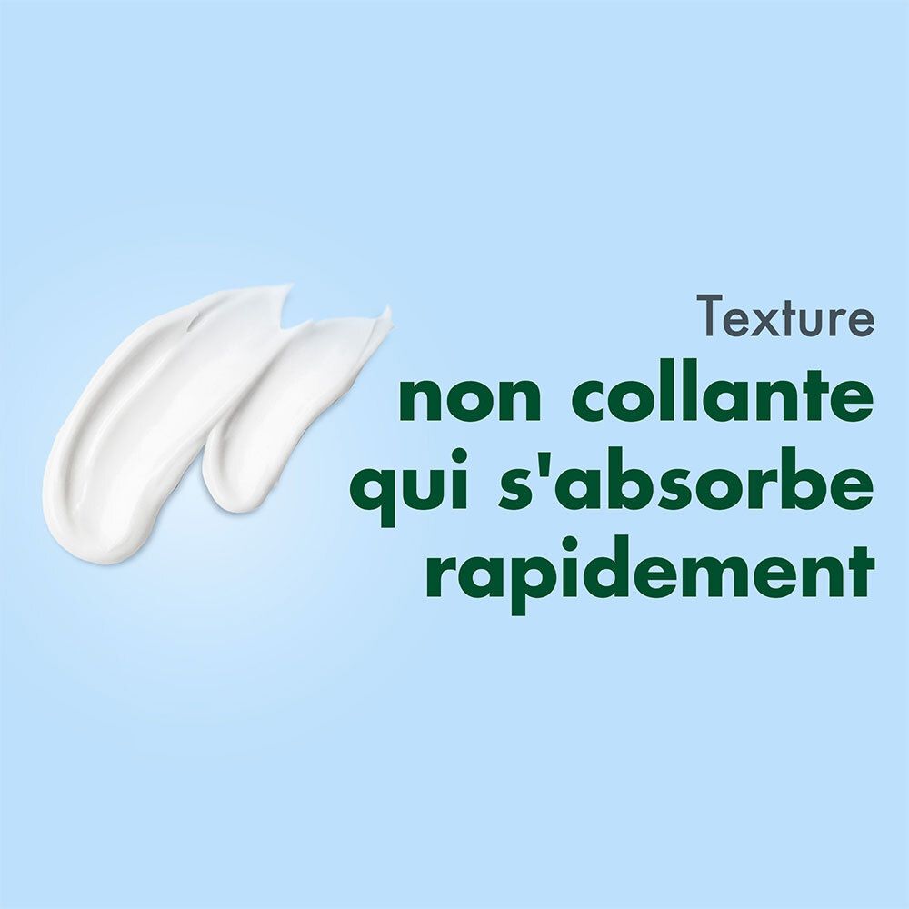 Texture crème. Texte: Non collante qui s'absorbe rapidement.