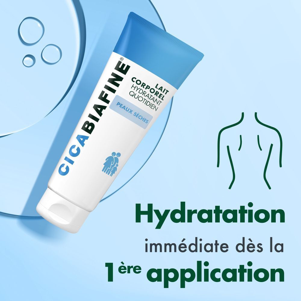 Tube CicaBiafine® Körpermilch, bleu et blanc. Texte : Hydratation immédiate dès la 1ère application. Fond bleu.