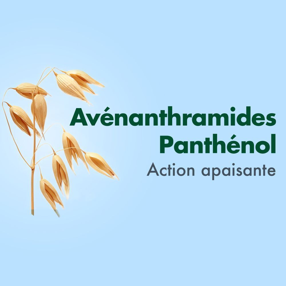 Graphique avec Avénanthramides et Panthénol. Texte: Action apaisante. Épis de blé sur fond bleu.