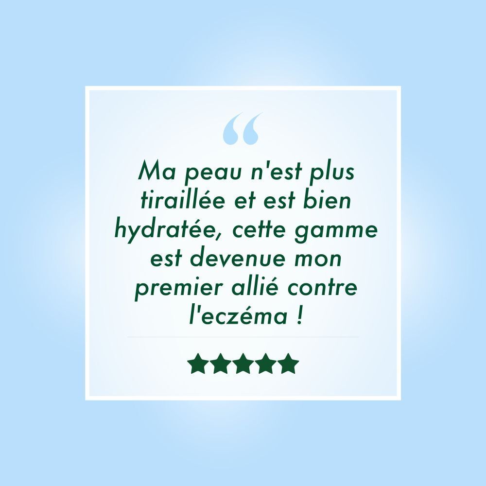 Texte de citation: Ma peau n'est plus tiraillée et est bien hydratée... Cinq étoiles. Fond bleu.