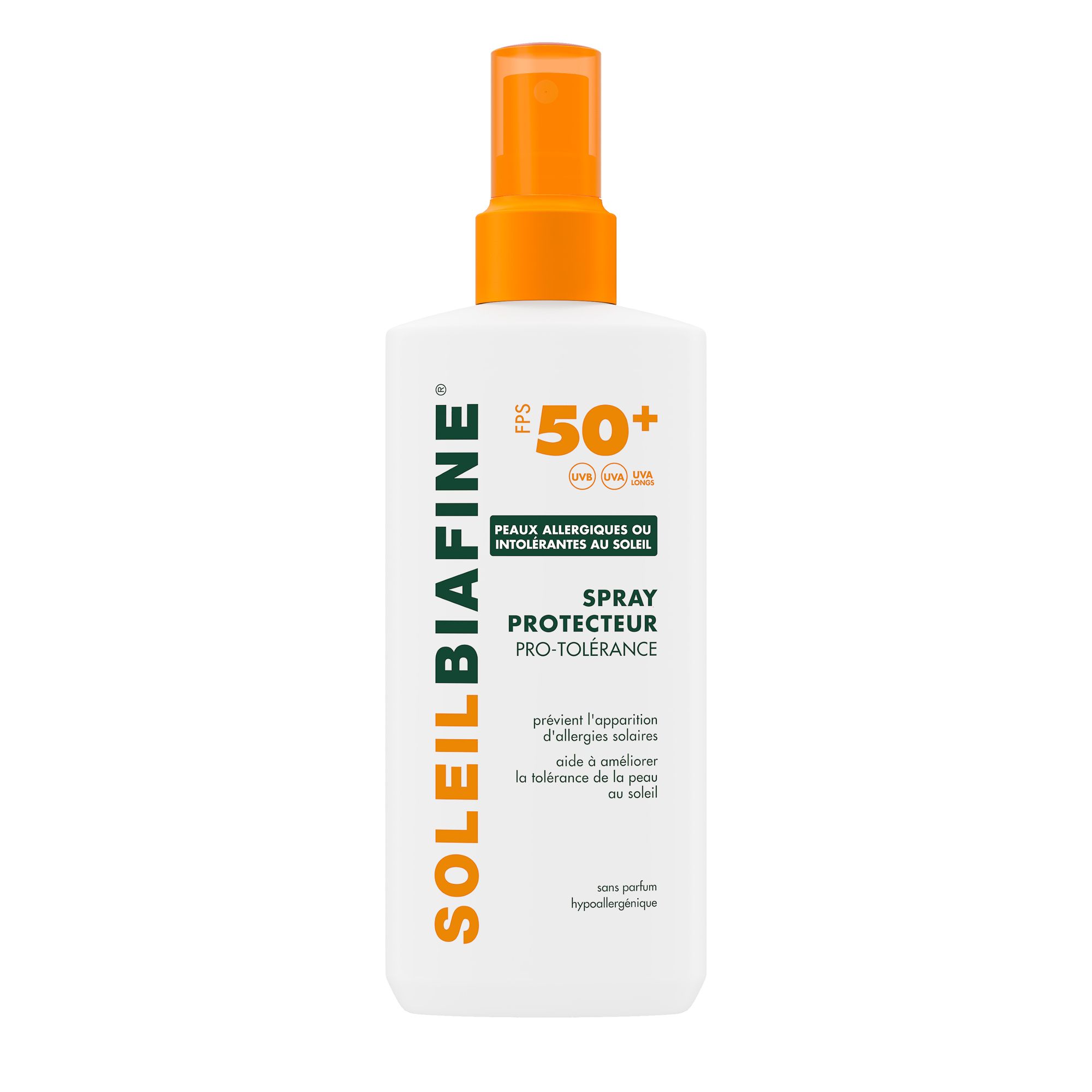 Wit SoleilBiafine spray met oranje sproeikop. SPF 50+ en tekst voor gevoelige huid.