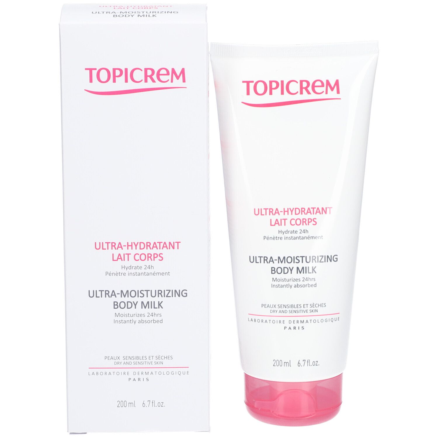 TOPICREM Ultra-Hydratant Lait Corps avec emballage. Tube et boîte blancs. Texte: Ultra-Hydratant Lait Corps, Ultra-Moisturizing Body Milk.