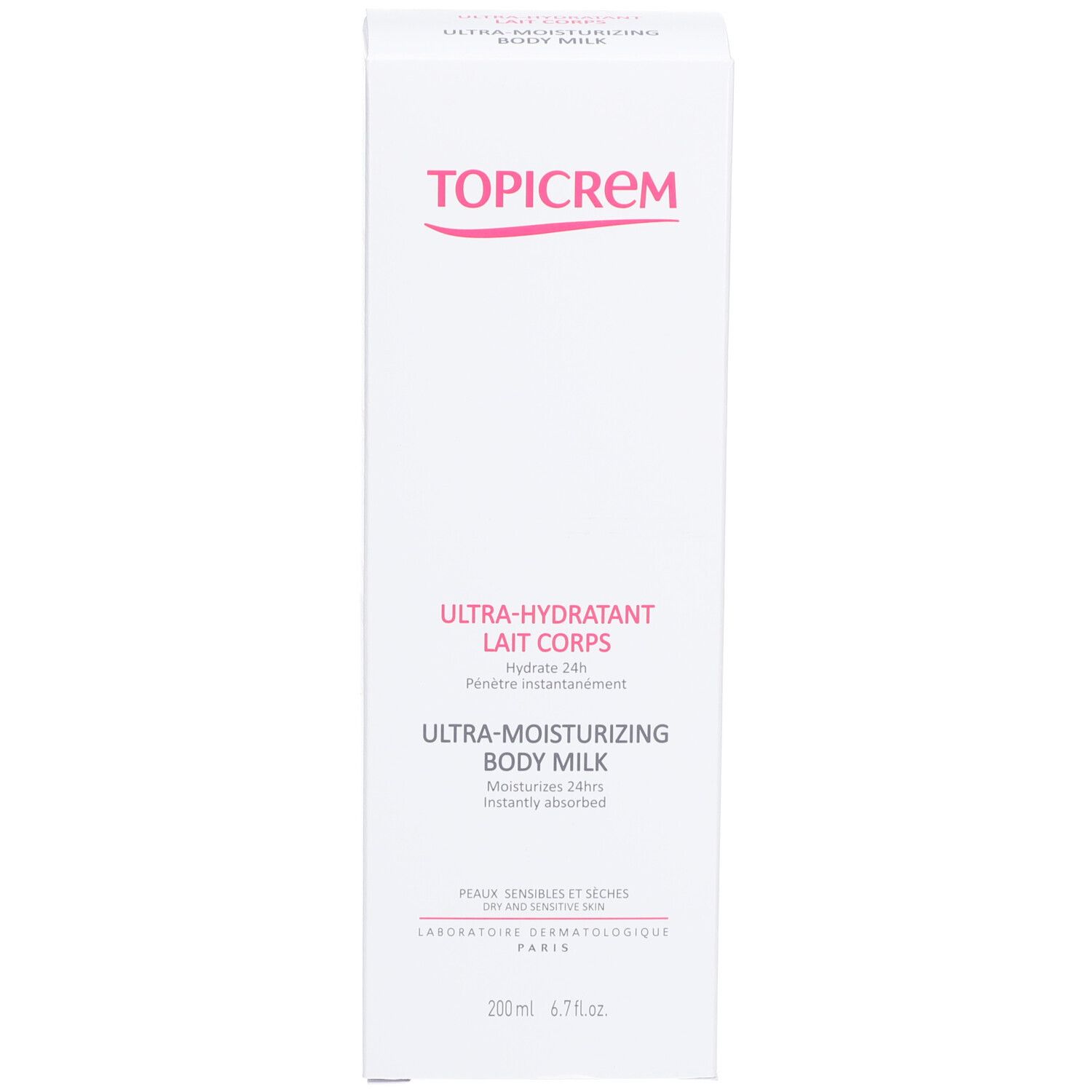 Emballage blanc TOPICREM Ultra-Hydratant Lait Corps. Texte: Ultra-Hydratant Lait Corps, Ultra-Moisturizing Body Milk. 200 ml.