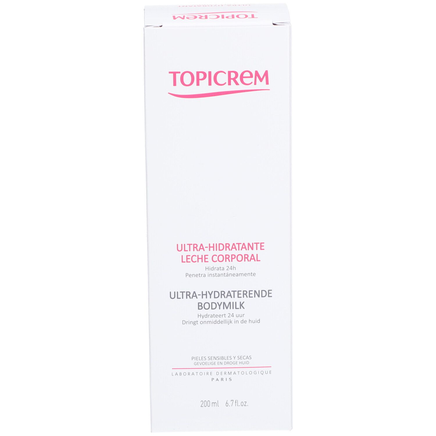 Côté de l'emballage TOPICREM Ultra-Hydratant Lait Corps. Texte: Ultra-Hydratante Lait Corps, Ultra-Hydraterende Bodymilk. 200 ml.