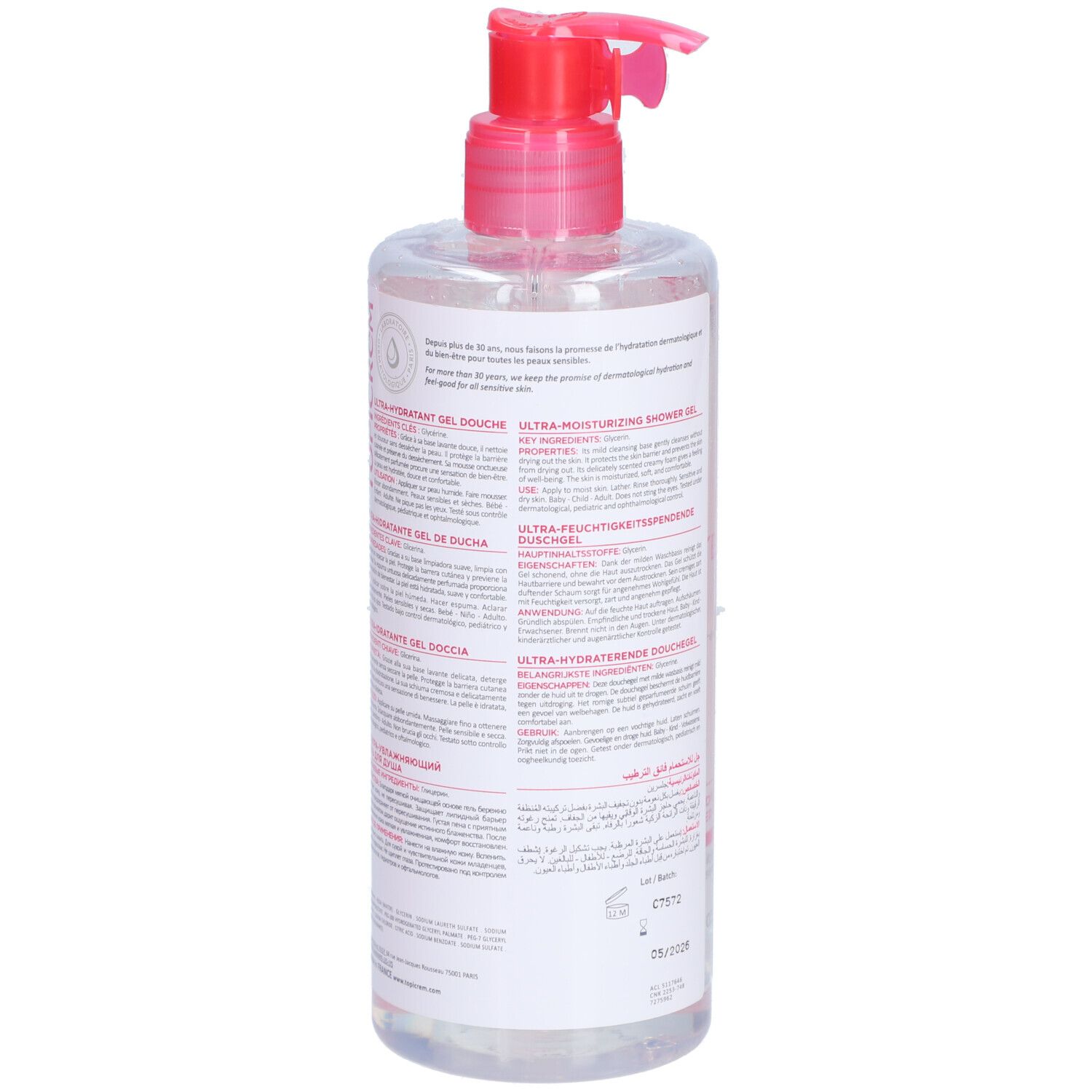 Transparente Flasche mit rosa Deckel und Pumpe. Rückseite mit Text und Piktogrammen. 500 ml. Made in France.