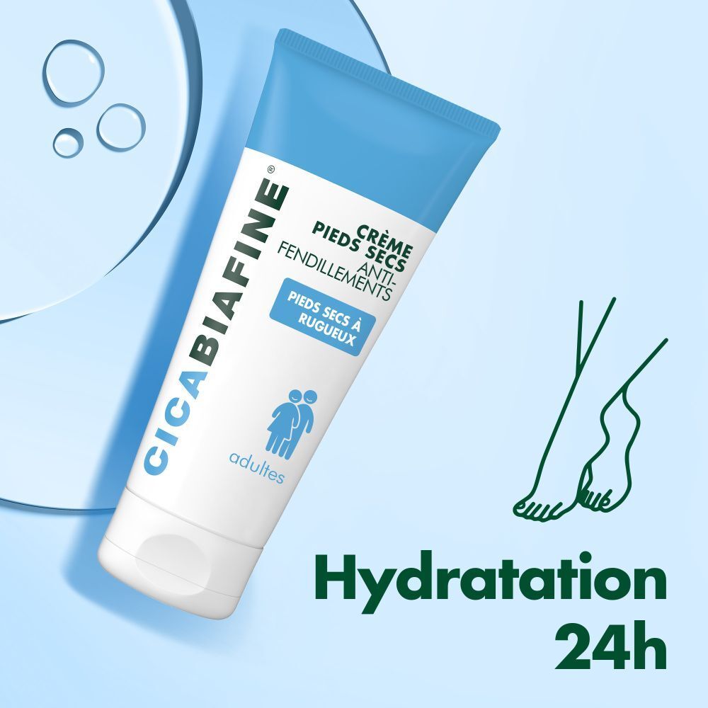 CicaBiafine® Crème pieds secs anti-fendillements. Hydratation 24h. Tube bleu sur fond bleu.
