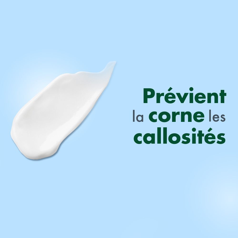 Trait de crème sur fond bleu. Texte: Prévient la corne et les callosités.