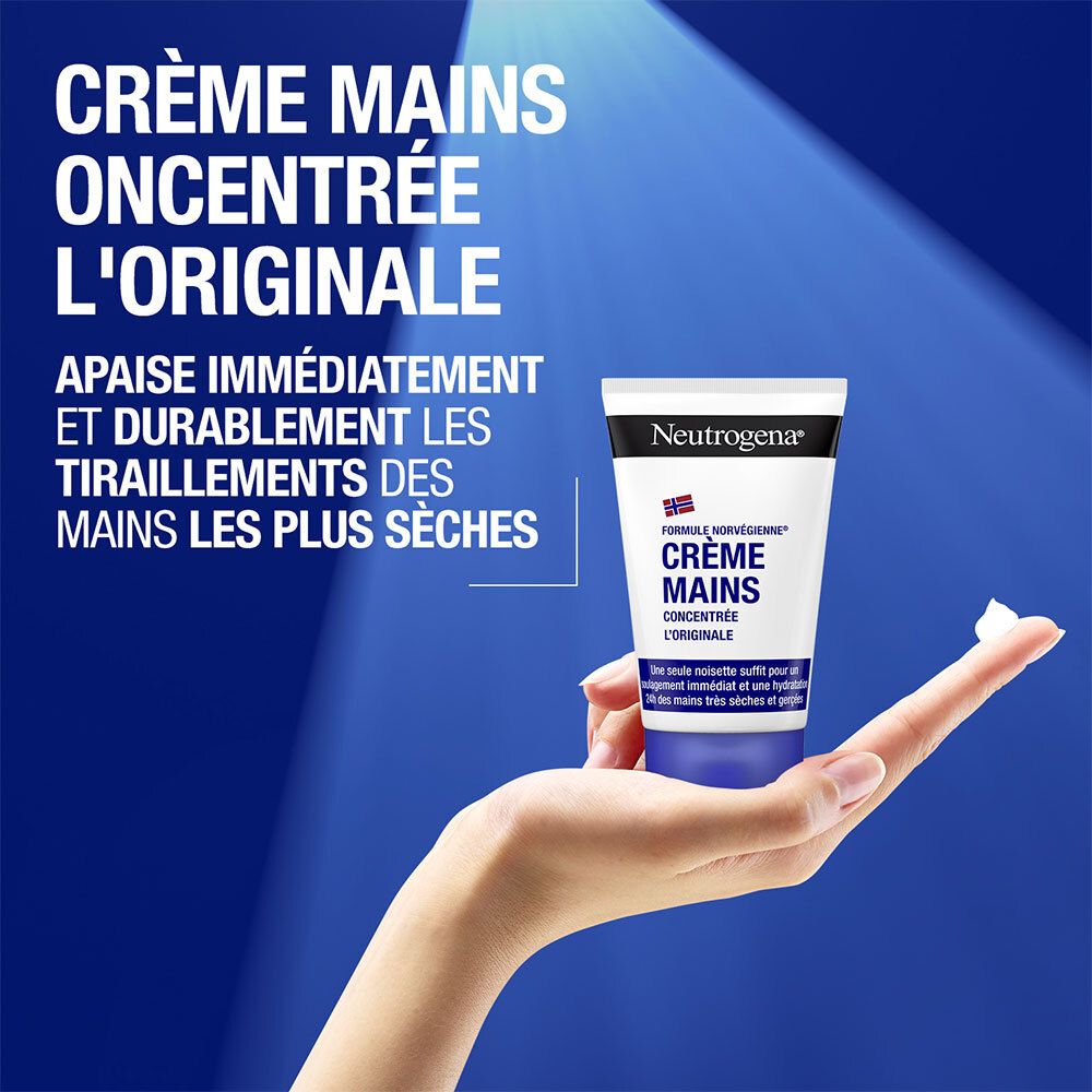 Main tenant un tube de crème pour les mains Neutrogena®. Tube bleu et blanc. Texte : Crème Mains Concentrée L'Originale. Fond bleu.