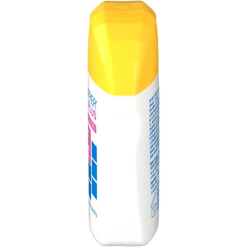 Flacon blanc avec bouchon jaune. Inscription: Bicare Gifrer Plus. Vue latérale.