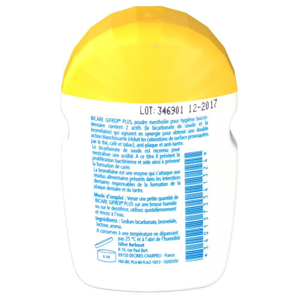 Dos du flacon blanc avec bouchon jaune. Informations textuelles et ingrédients.