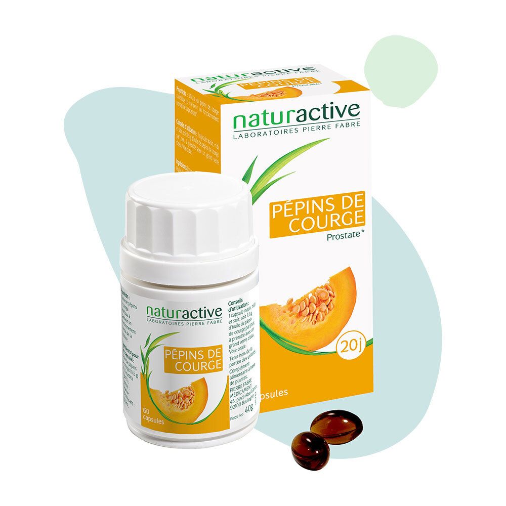 Naturactive Kürbiskerne (ÖL) Flasche und Verpackung. Aufschrift: Pépins de Courge, Prostate. Kapseln.