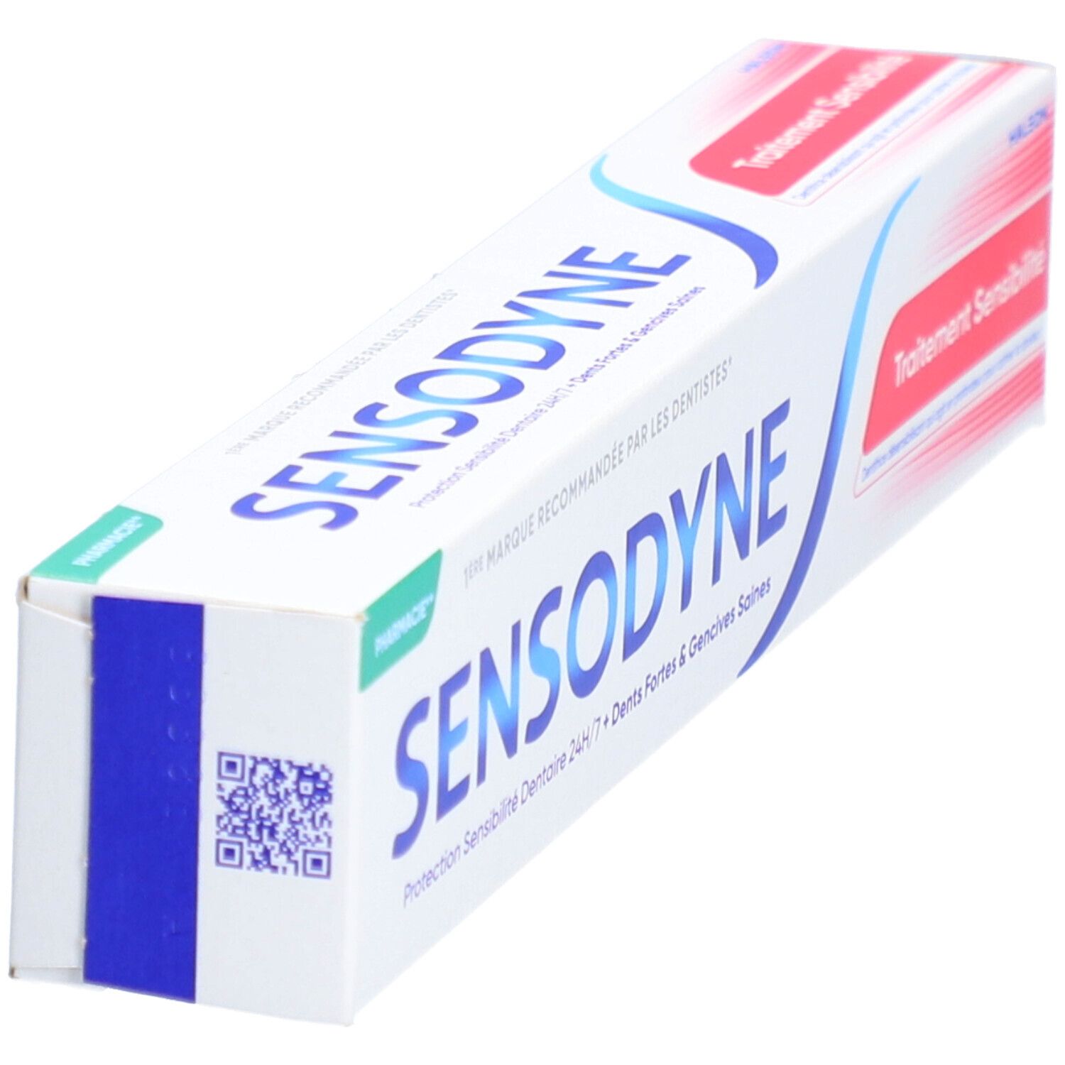 Emballage de dentifrice Sensodyne. Blanc, bleu et rouge. Logo Sensodyne. Code QR et texte. Recommandé par les dentistes.