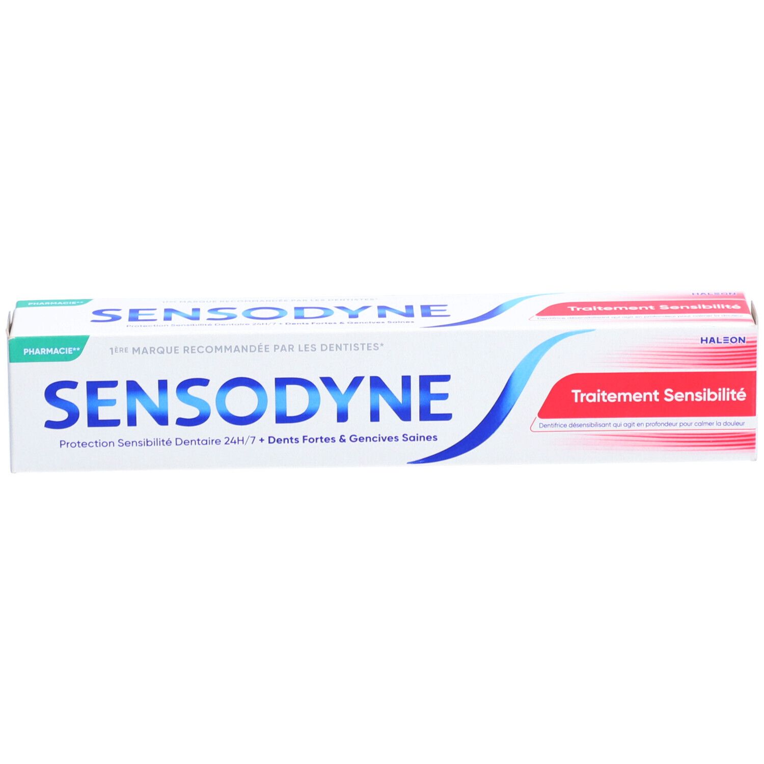 Tube de dentifrice Sensodyne. Blanc, bleu et rouge. Logo Sensodyne. Texte: Protection sensibilité dentaire 24h/7. Recommandé par les dentistes.
