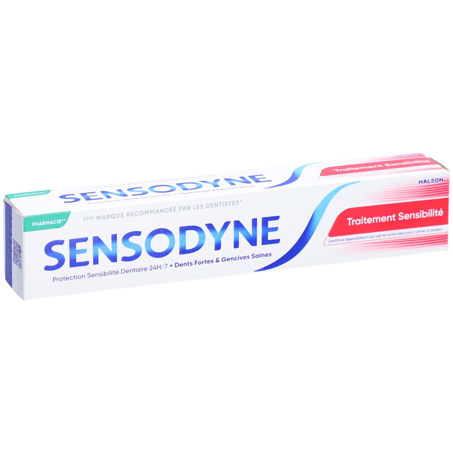 Tube de dentifrice Sensodyne. Blanc, bleu et rouge. Logo Sensodyne. Texte: Protection sensibilité dentaire 24h/7. Recommandé par les dentistes.