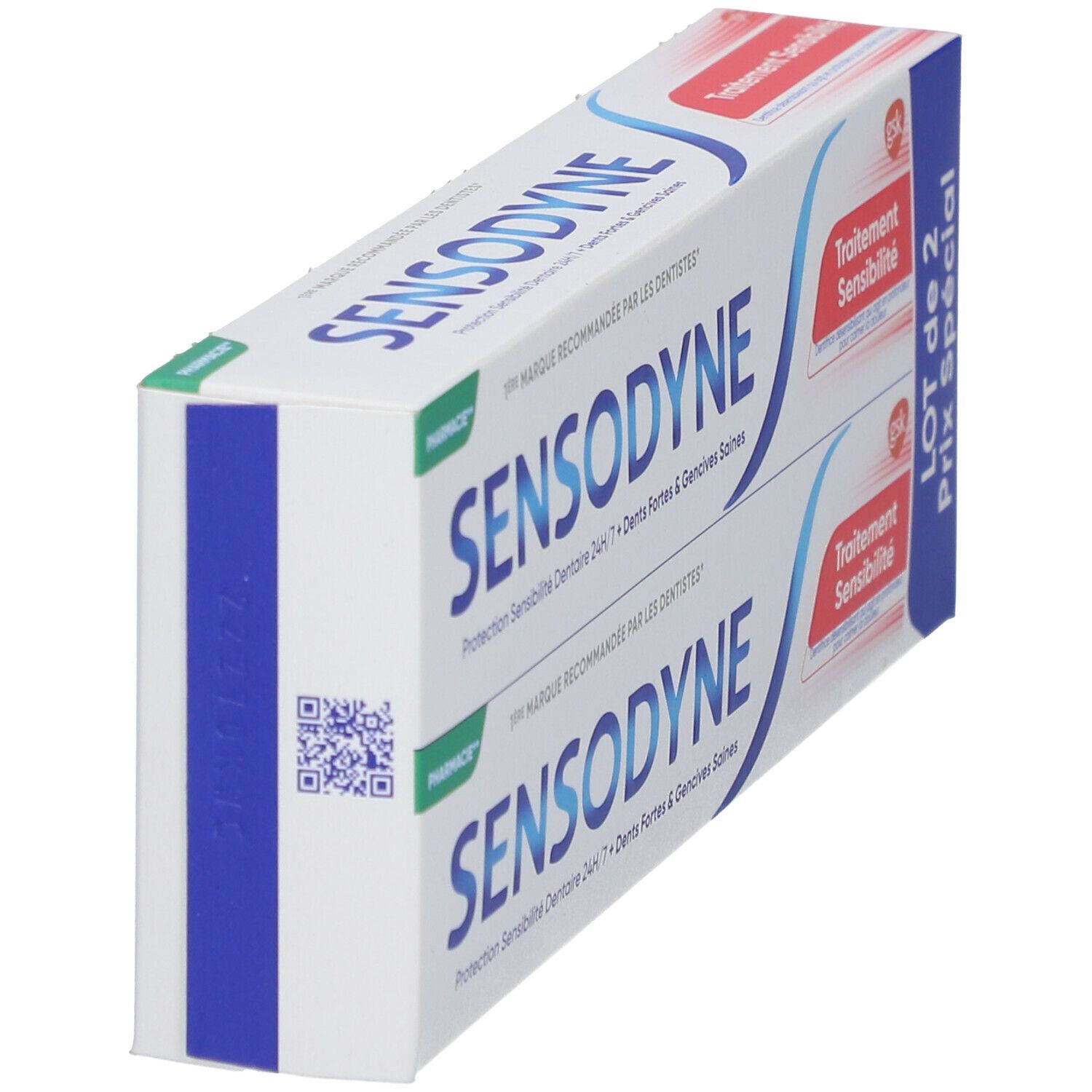 Zwei Sensodyne-Zahnpasta-Packungen. Blaue und weiße Verpackung mit rotem Akzent. Text: Sensodyne, Behandlung Sensibilität.