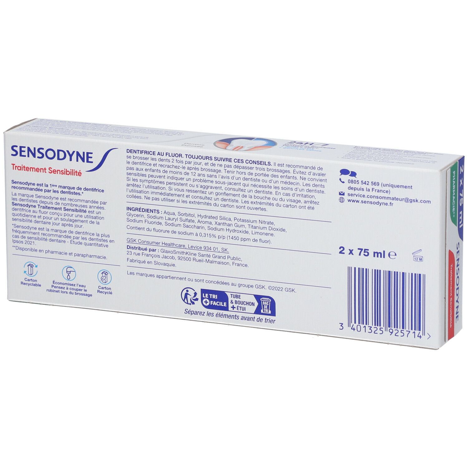 Rückseite der Sensodyne-Zahnpasta-Packung. Text: Sensodyne, Inhaltsstoffe, 2 x 75 ml. Recycling-Symbole.