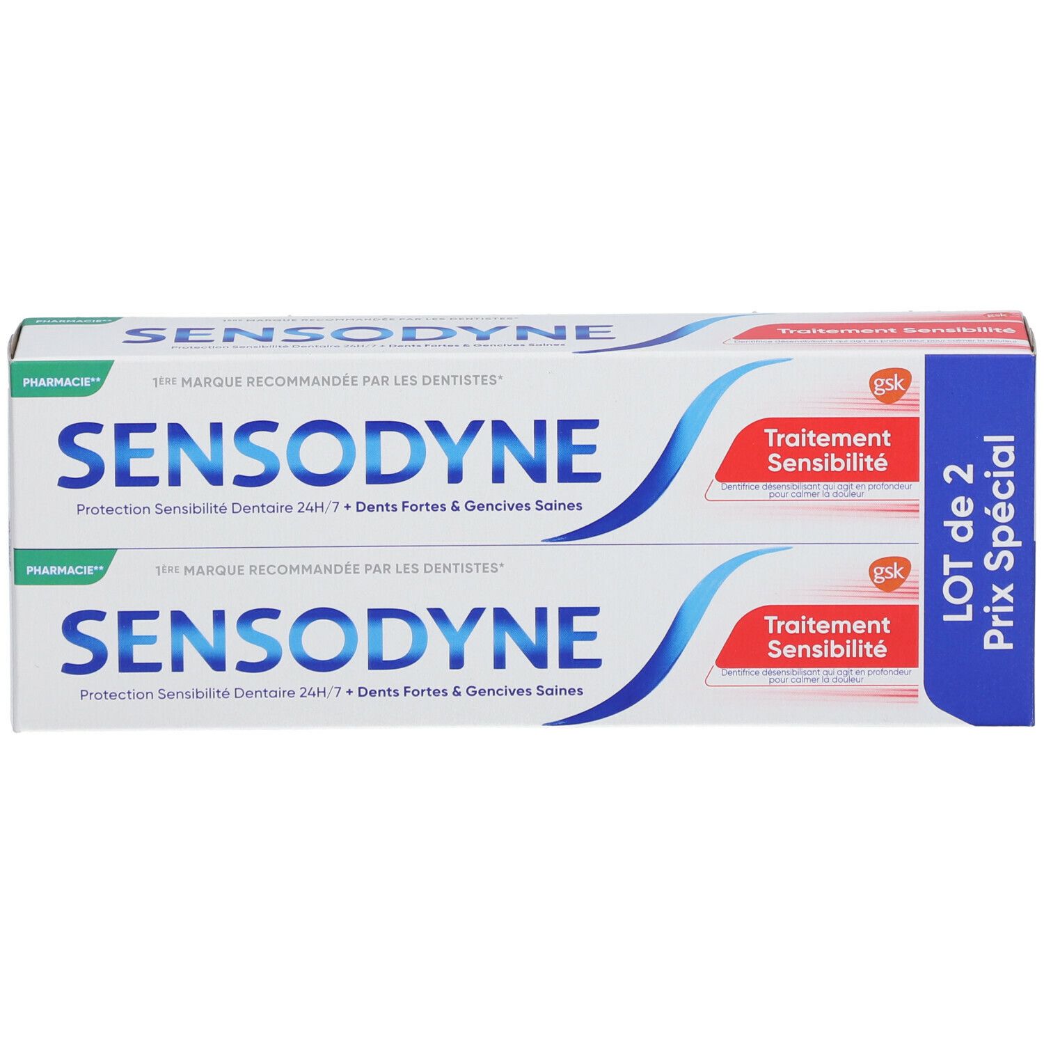Zwei Sensodyne-Zahnpasta-Packungen. Blaue und weiße Verpackung mit rotem Akzent. Text: Sensodyne, Behandlung Sensibilität.