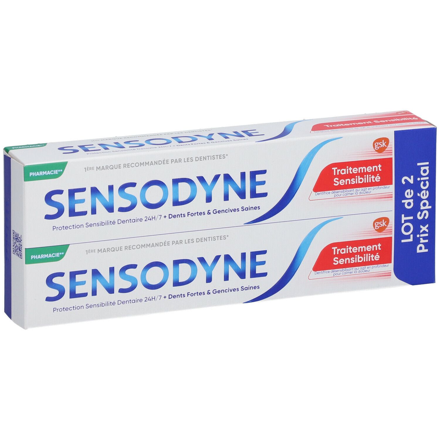 Zwei Sensodyne-Zahnpasta-Packungen. Blaue und weiße Verpackung mit rotem Akzent. Text: Sensodyne, Behandlung Sensibilität.