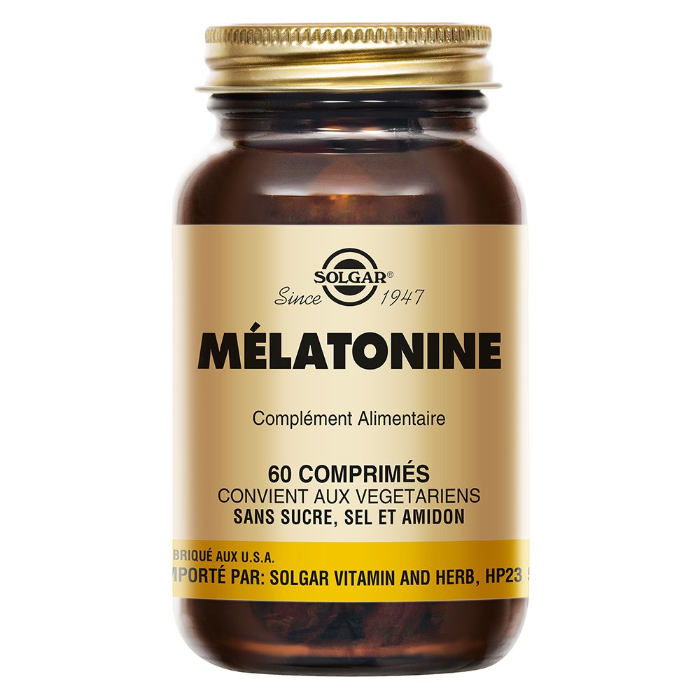 Flacon en verre brun avec bouchon doré. Étiquette avec « Mélatonine » et « 60 comprimés ».