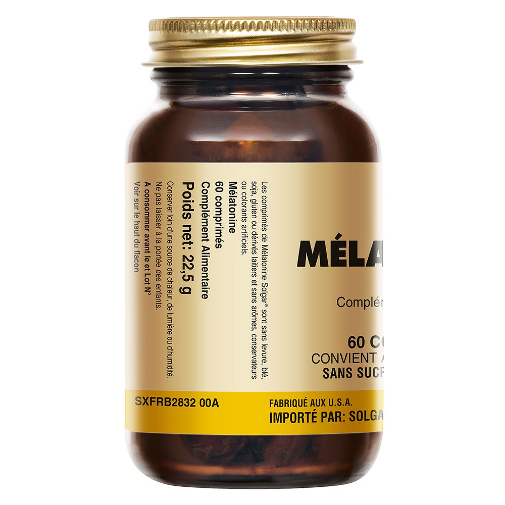 Flacon en verre brun avec bouchon doré. Étiquette avec « Mélatonine » et « 60 comprimés ».