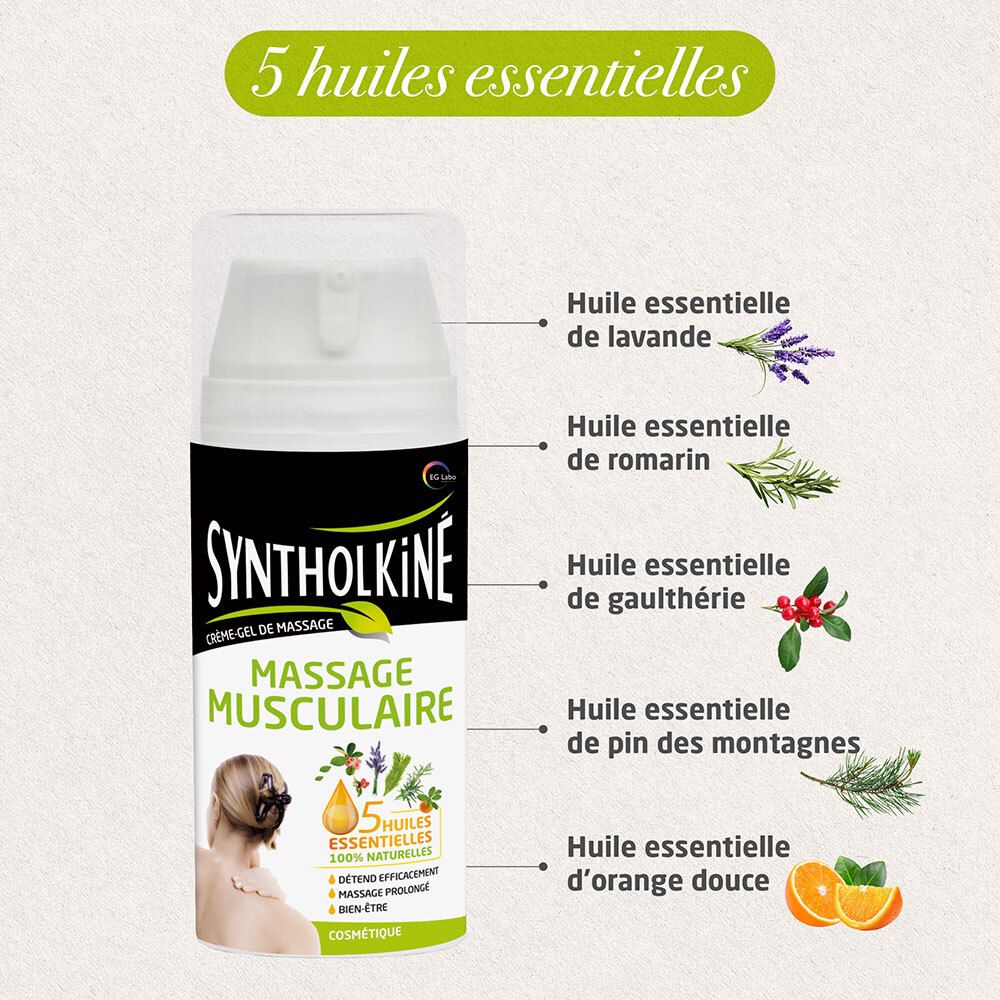 Flacon blanc Syntholkiné. Crème-gel de massage musculaire. 5 huiles essentielles. Illustrations des huiles et plantes.