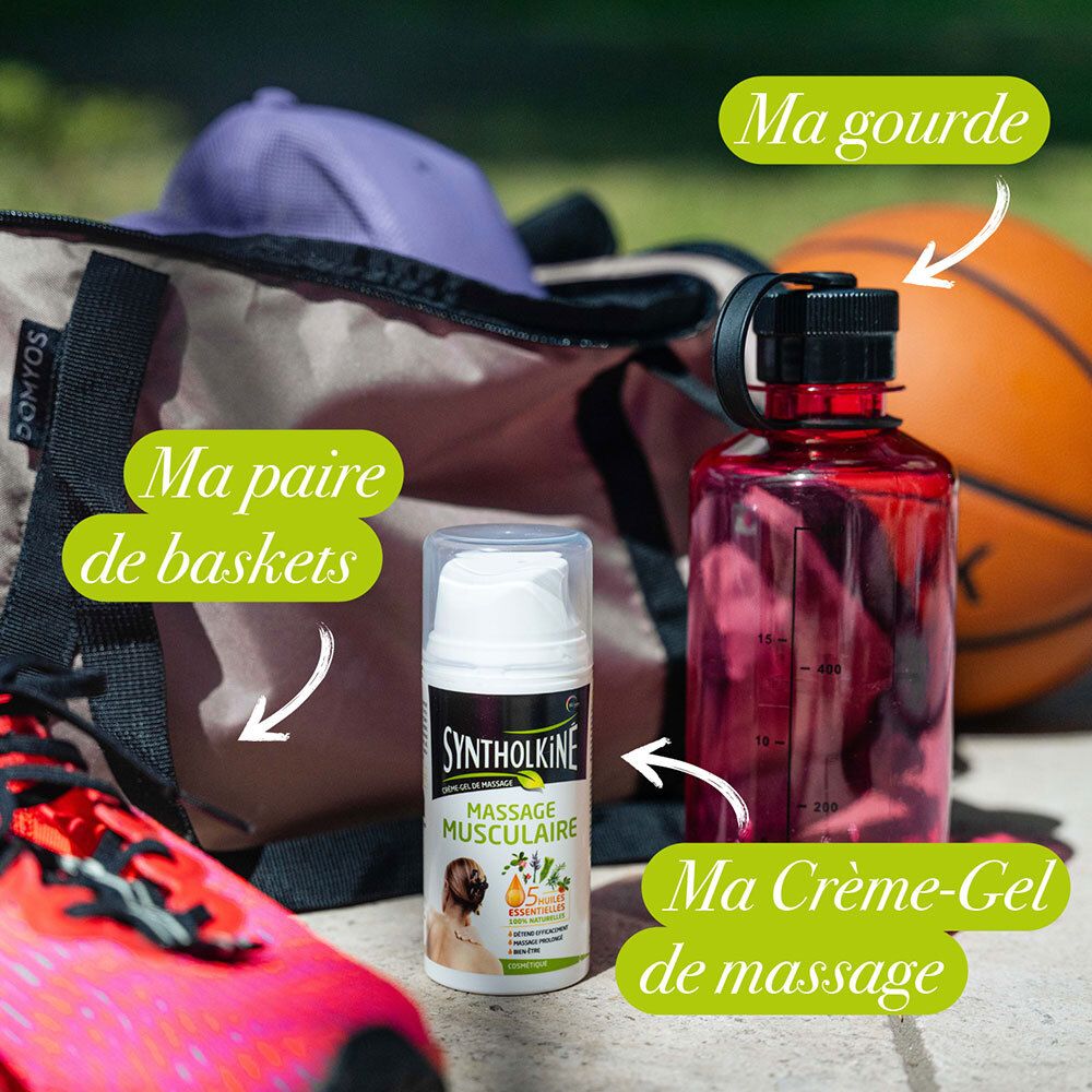 Flacon Syntholkiné avec équipement sportif. Inscription: Massage musculaire. Autres objets: gourde, baskets, sac de sport.