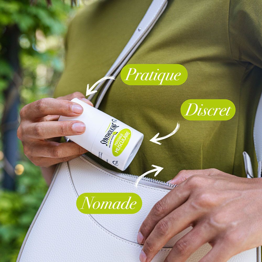 Roll-on in einer Handtasche. Text: Praktisch, Diskret, Nomade.