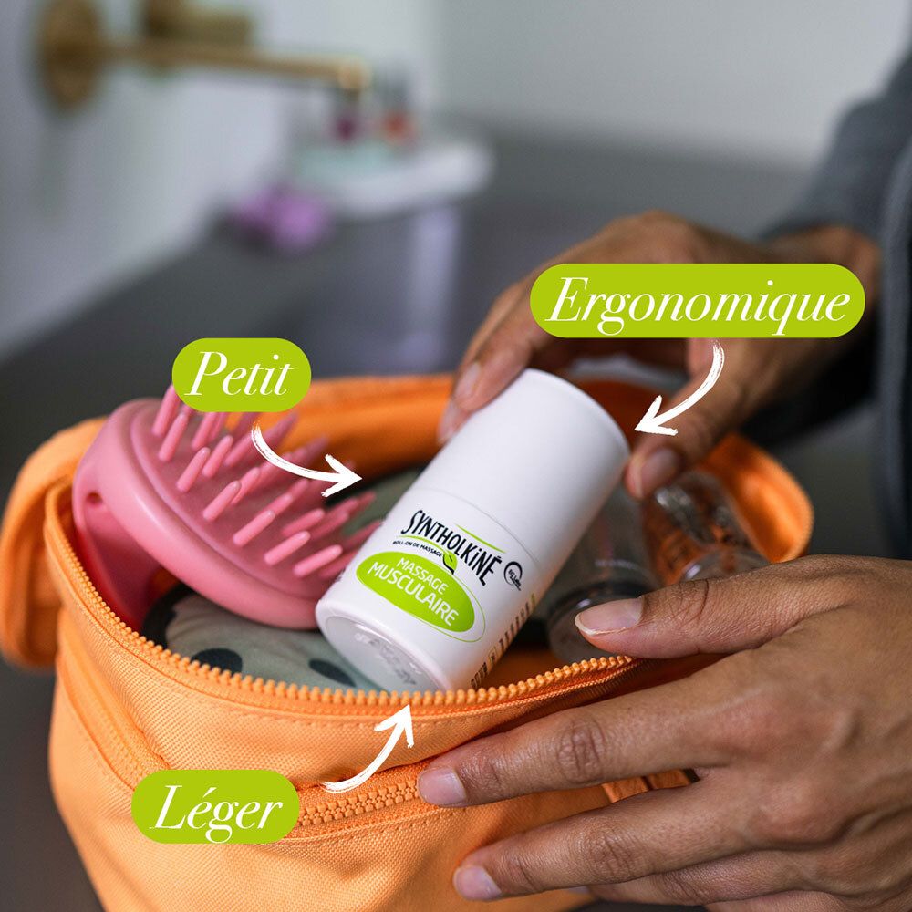 Roll-on in einer Kosmetiktasche. Text: Klein, Ergonomisch, Leicht.