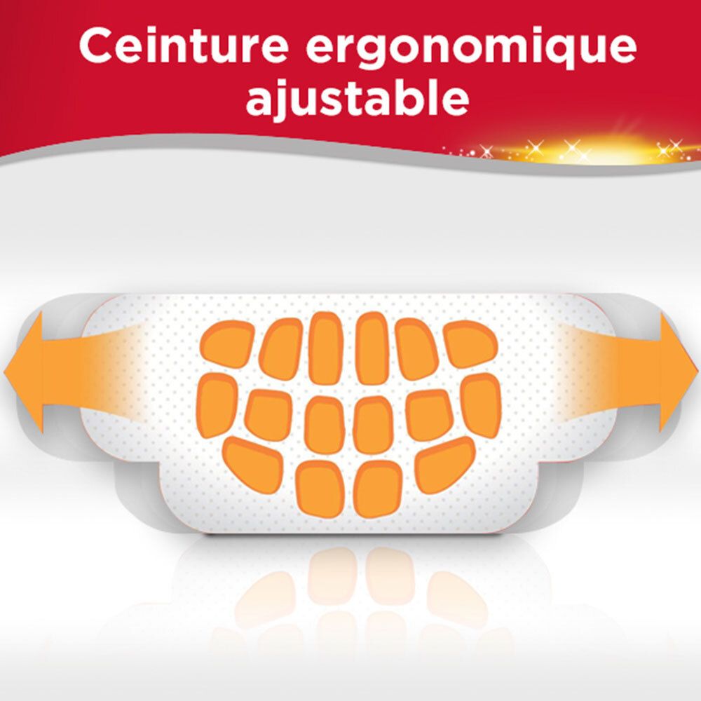 Ergonomisch verstellbarer Gürtel. Weißes Band mit gelben Elementen. Pfeile zeigen die Verstellbarkeit.