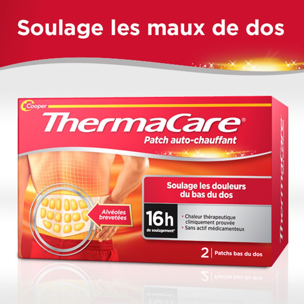 ThermaCare Packung. Rote Schachtel mit Produktabbildung und Text. 2 Pflaster für unteren Rücken.