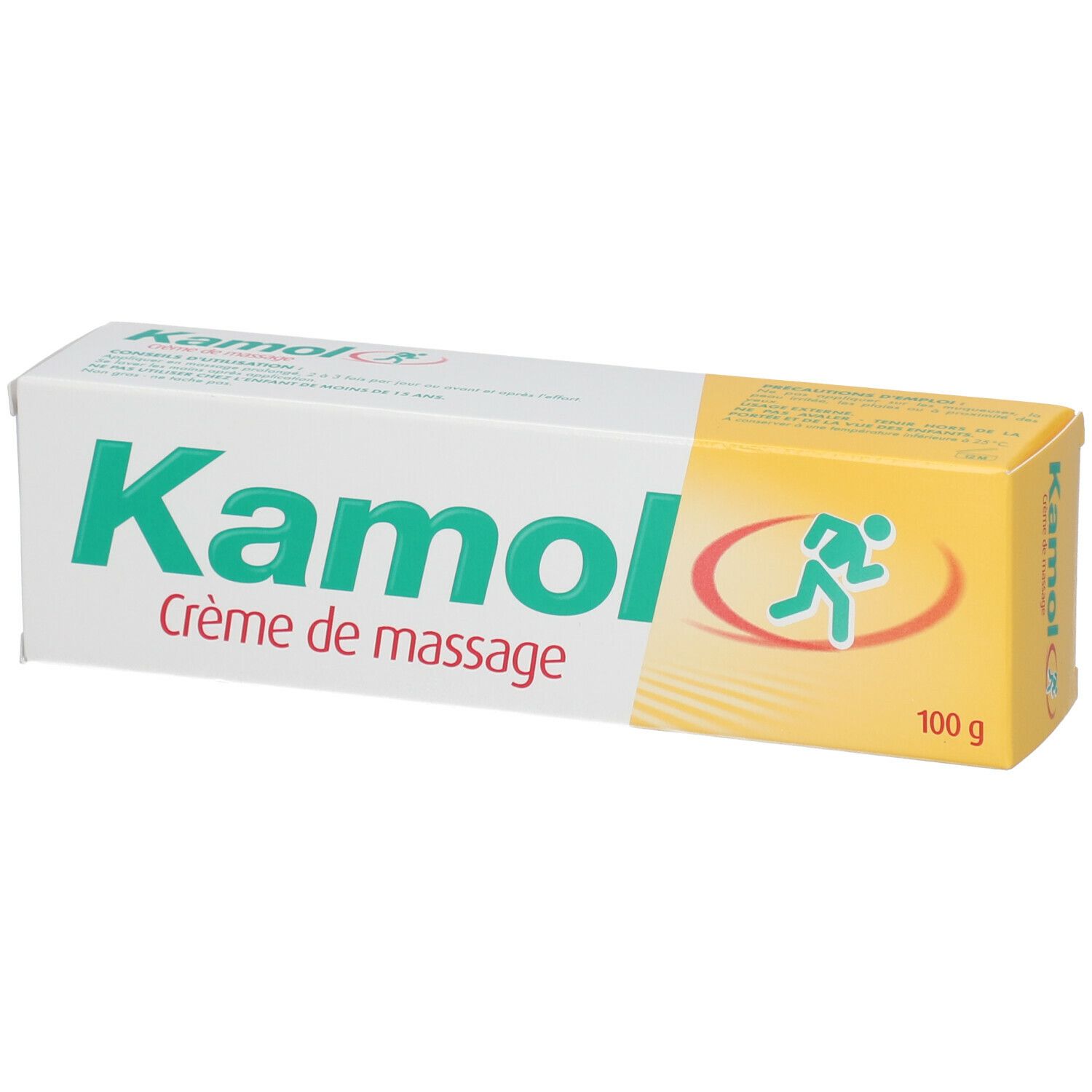 Weiß-gelbe Verpackung mit grünem Schriftzug "Kamol Crème de massage". 100 g. Logo eines Läufers.