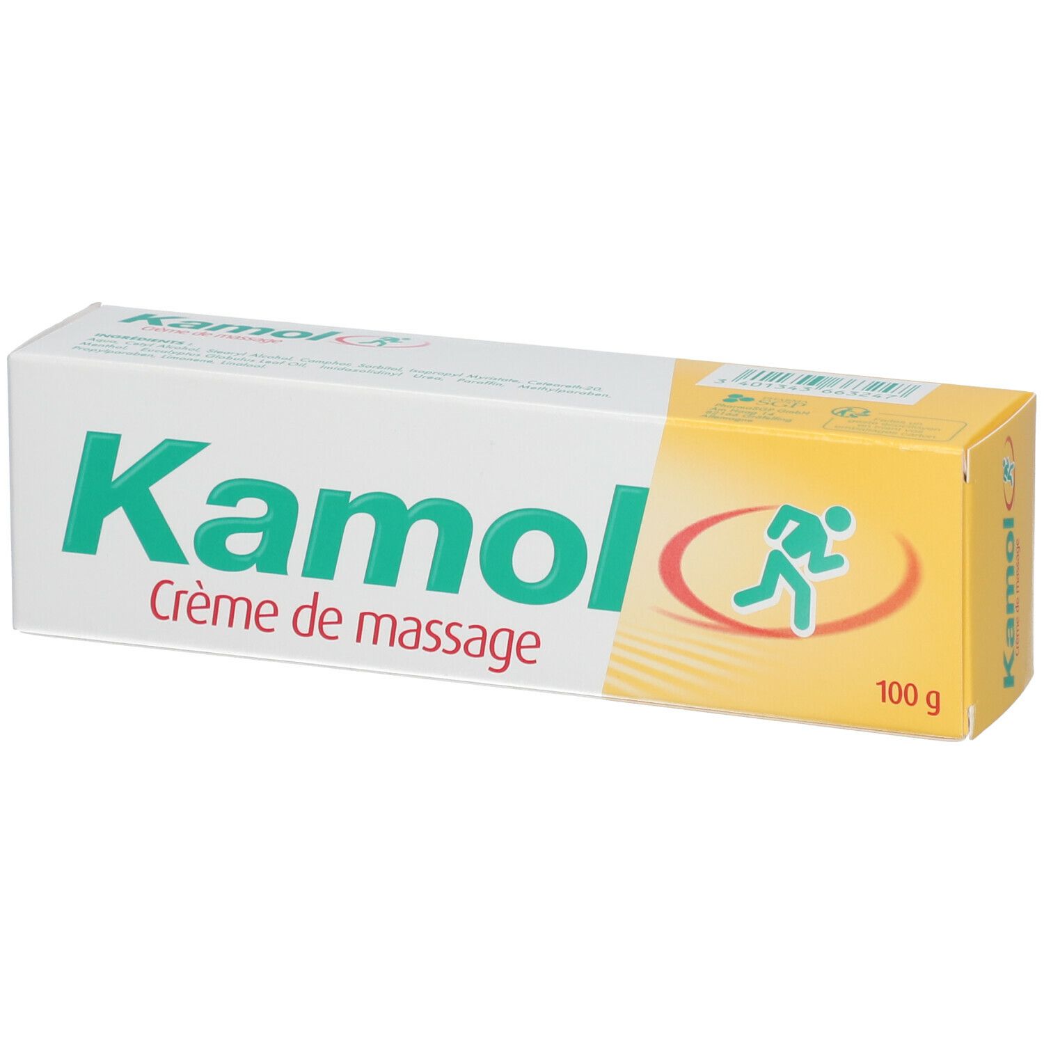 Weiß-gelbe Verpackung mit grünem Schriftzug "Kamol Crème de massage". 100 g. Logo eines Läufers.