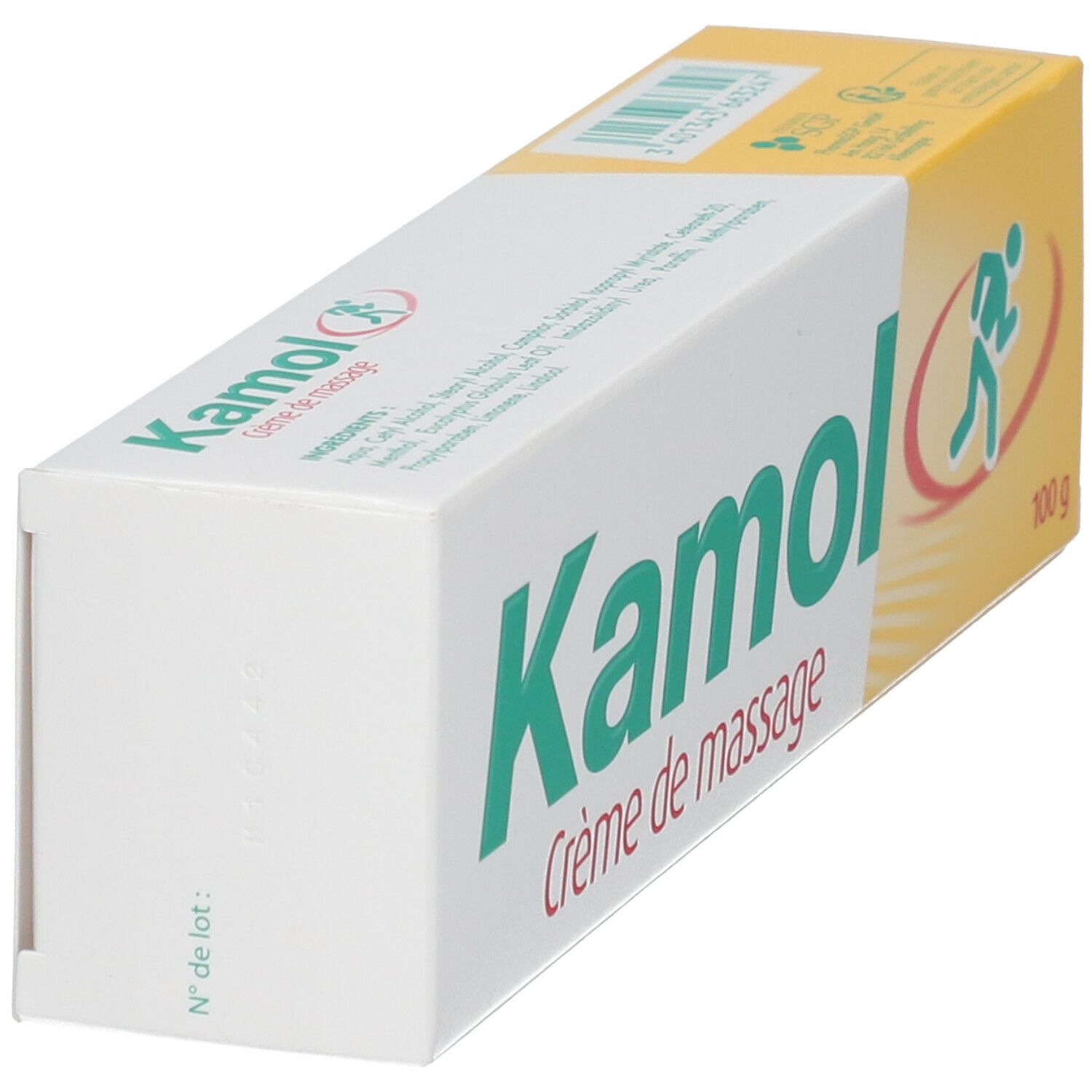 Schräg gestellte Verpackung mit grünem Schriftzug "Kamol Crème de massage". Gelber Teil mit Logo eines Läufers.