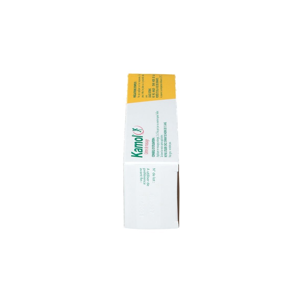 Vertikale Verpackung mit grünem Schriftzug "Kamol Crème de massage". Gelber Teil mit Logo eines Läufers.
