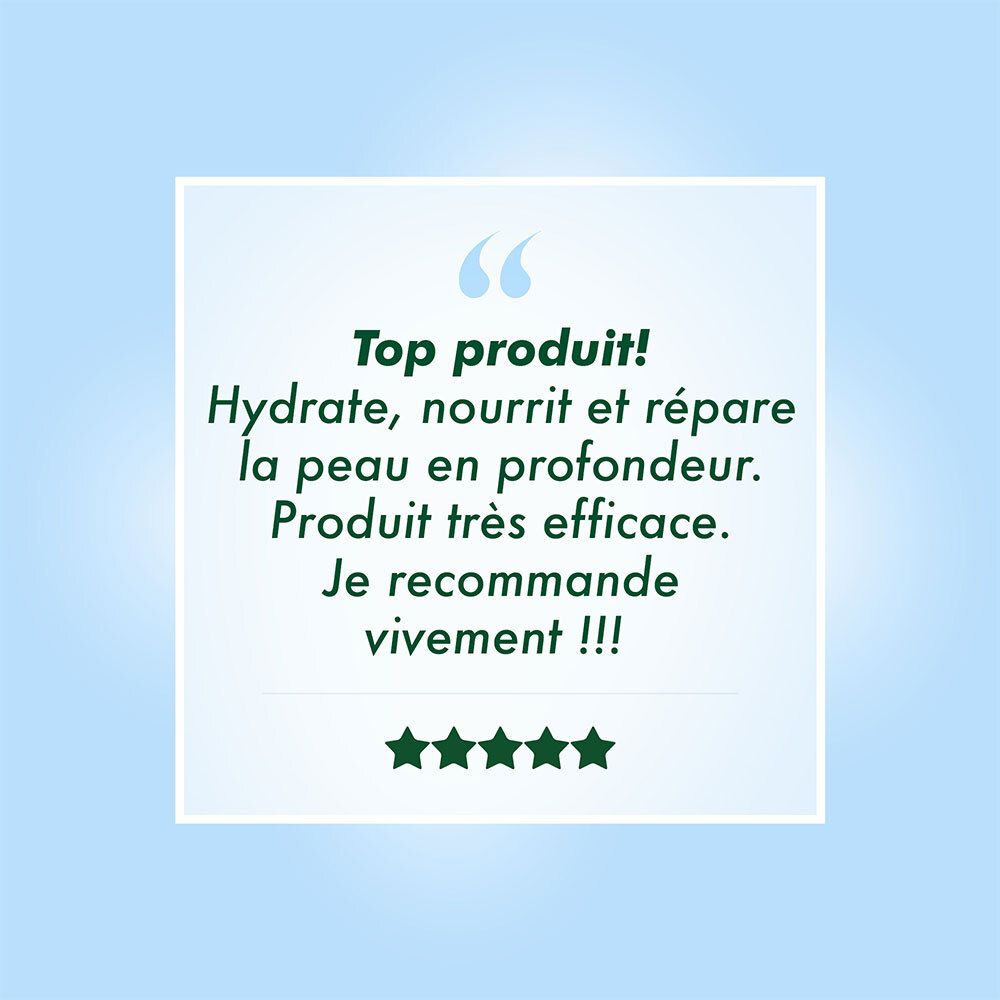 Citations et étoiles. Texte: Top produit ! Hydrate, nourrit et répare la peau. Très efficace.