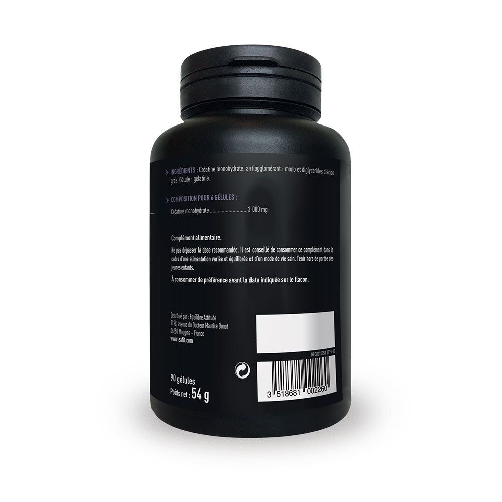 Dos d'un flacon noir de gélules. Liste des ingrédients, informations nutritionnelles. Marque française.